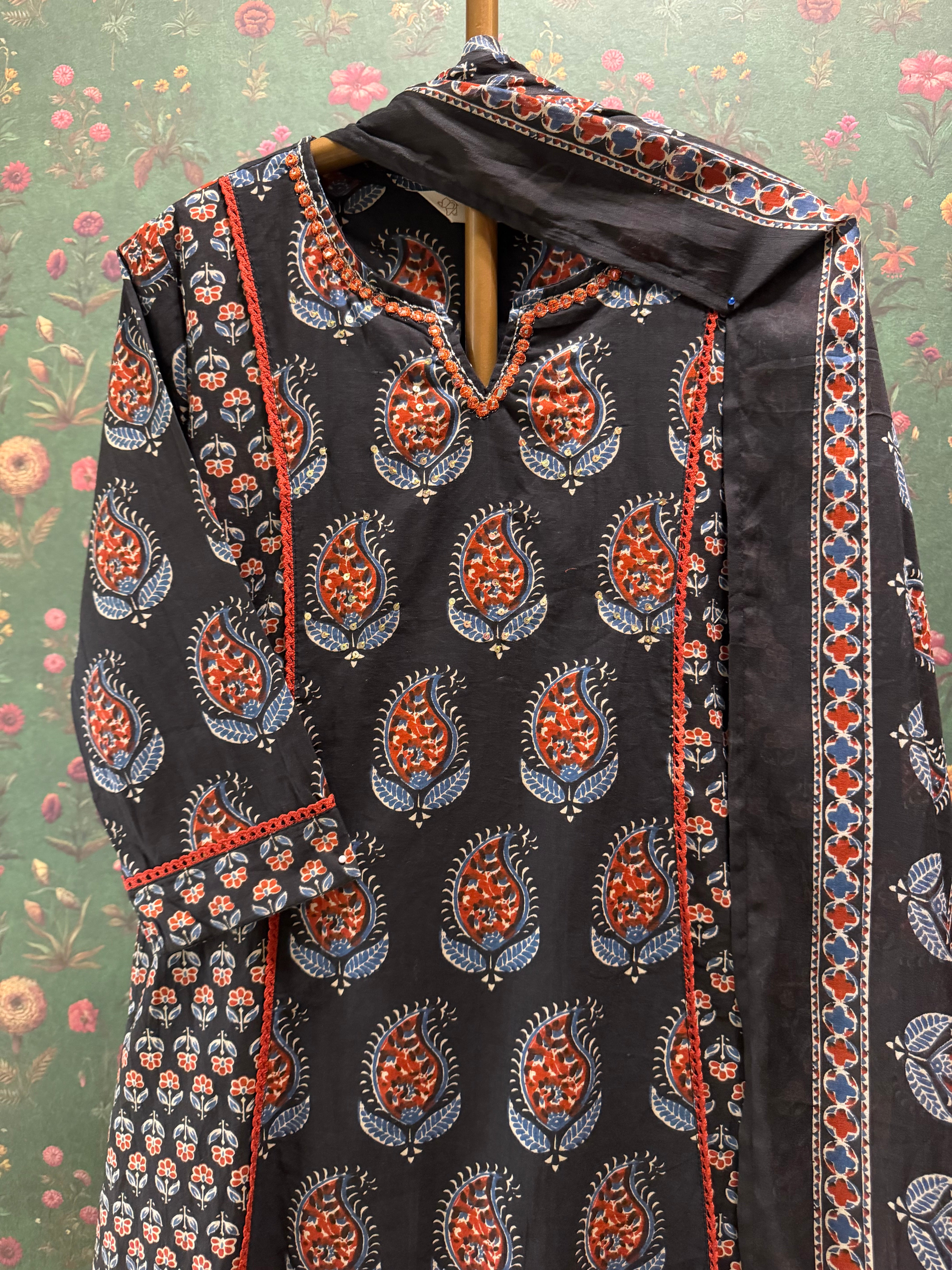 Black Ajrakh Printed Cotton A-Line Suit Set | HER-720