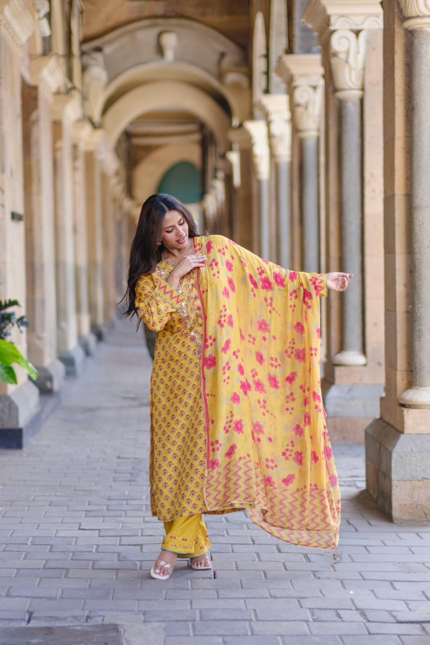 Sunshine Yellow Floral Chanderi Silk Suit Set | HER-636