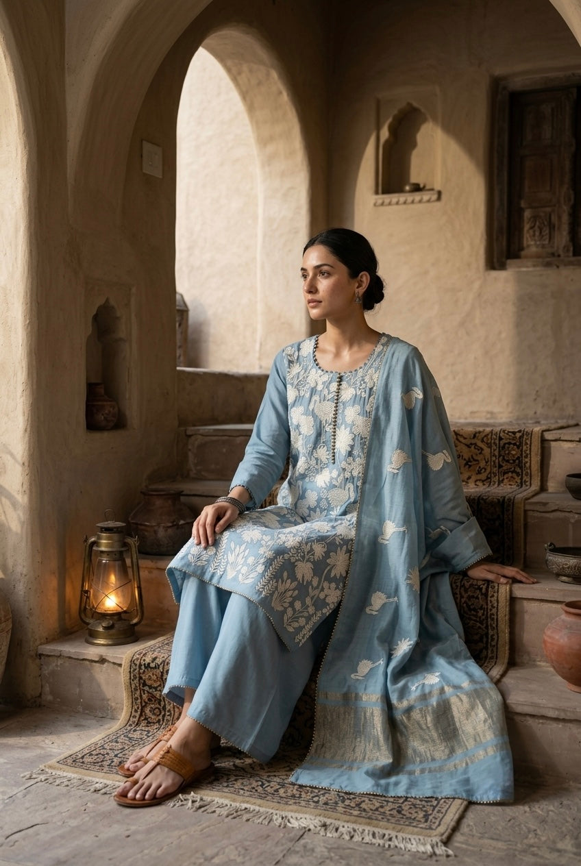 Powder Blue Floral Crane Embroidered Suit Set