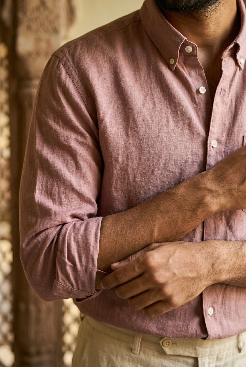 Dusty Rose Pink Men’s Pure Linen Full Sleeves Shirt