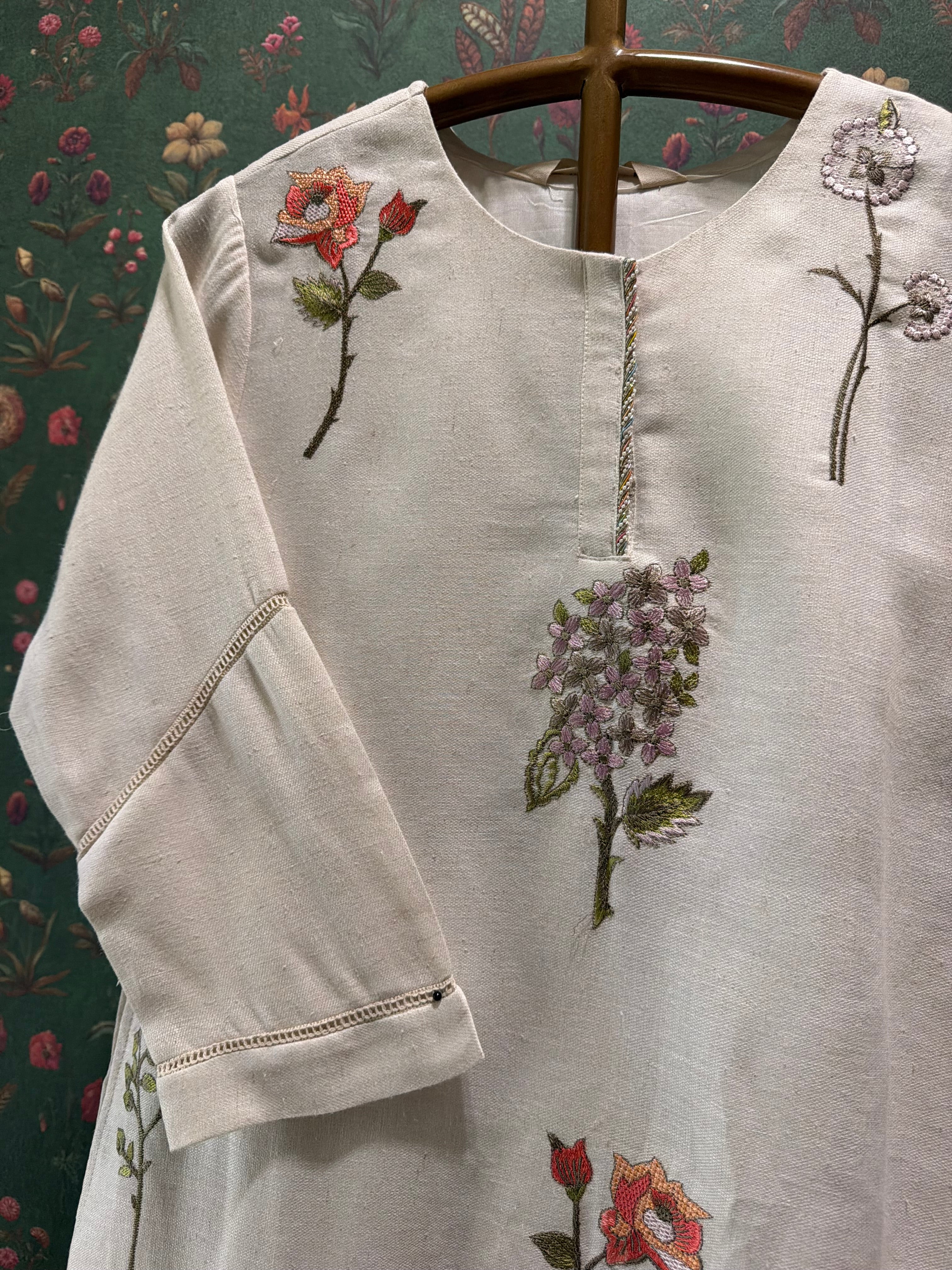 Ivory Botanical Embroidered A-Line Kurta Set | HER-630