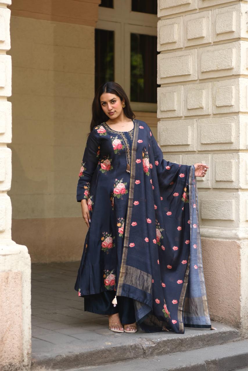 Twilight Black Floral Chanderi A-Line Suit Set x Celina | HER-607