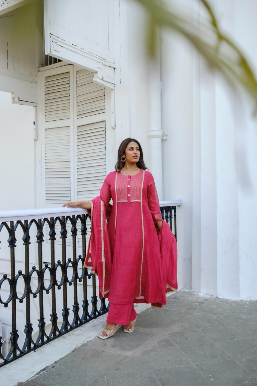 Meher Handcrafted Mul Chanderi A-Line Suit Set | HER-621