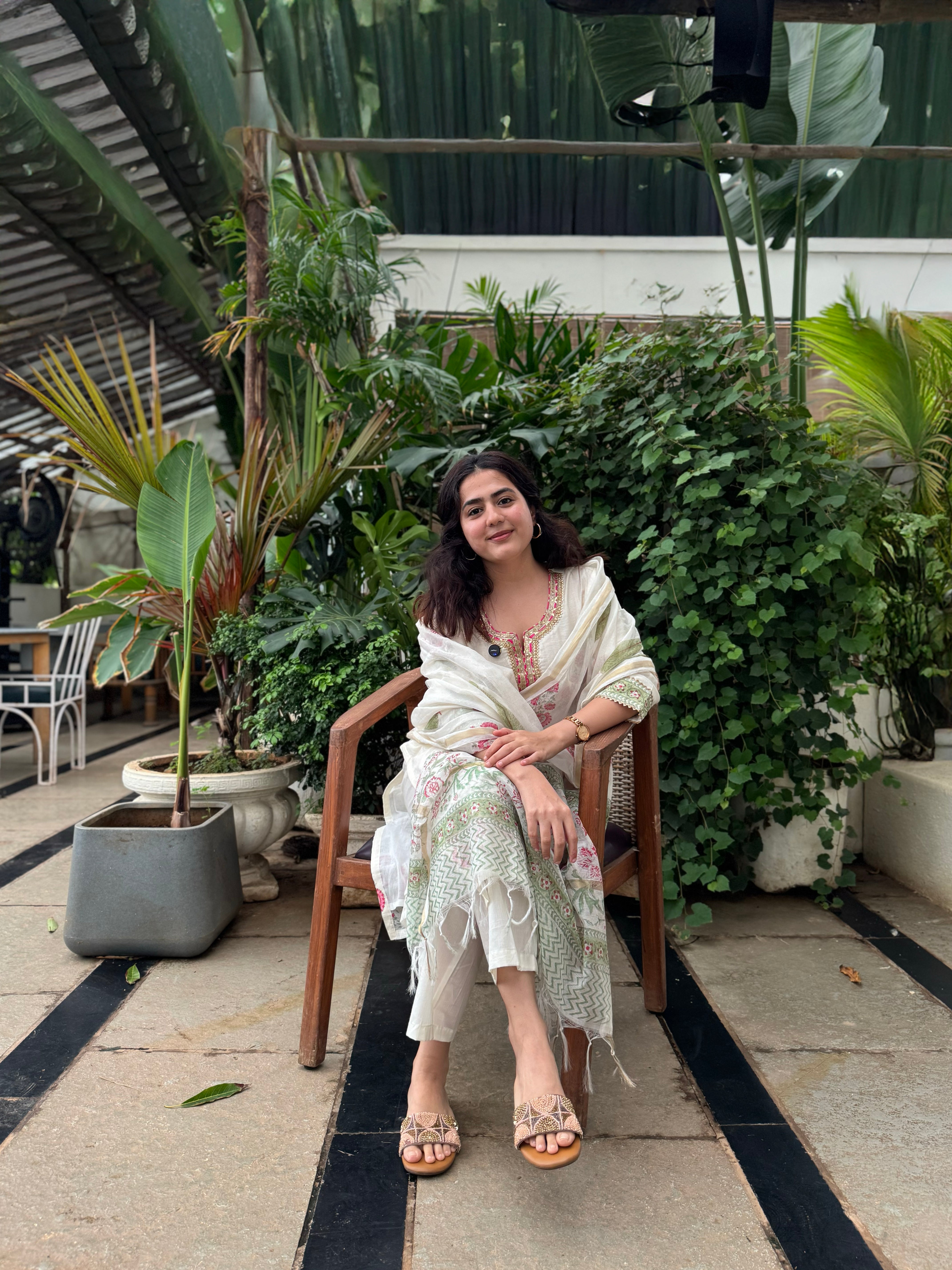 Ivory White Floral Printed Chanderi Suit Set x Vaani