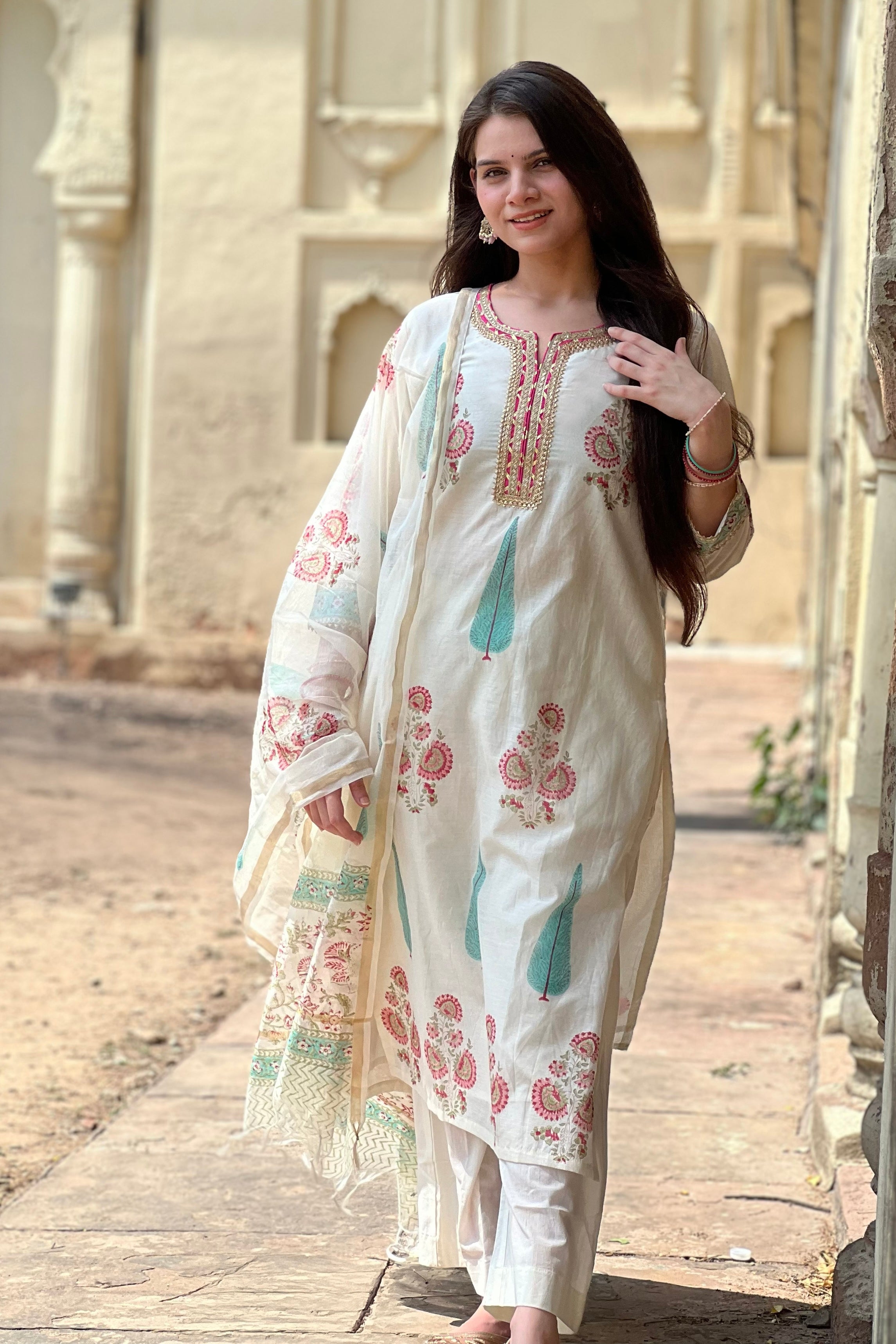 Ivory White Floral Printed Chanderi Suit Set | HER-757