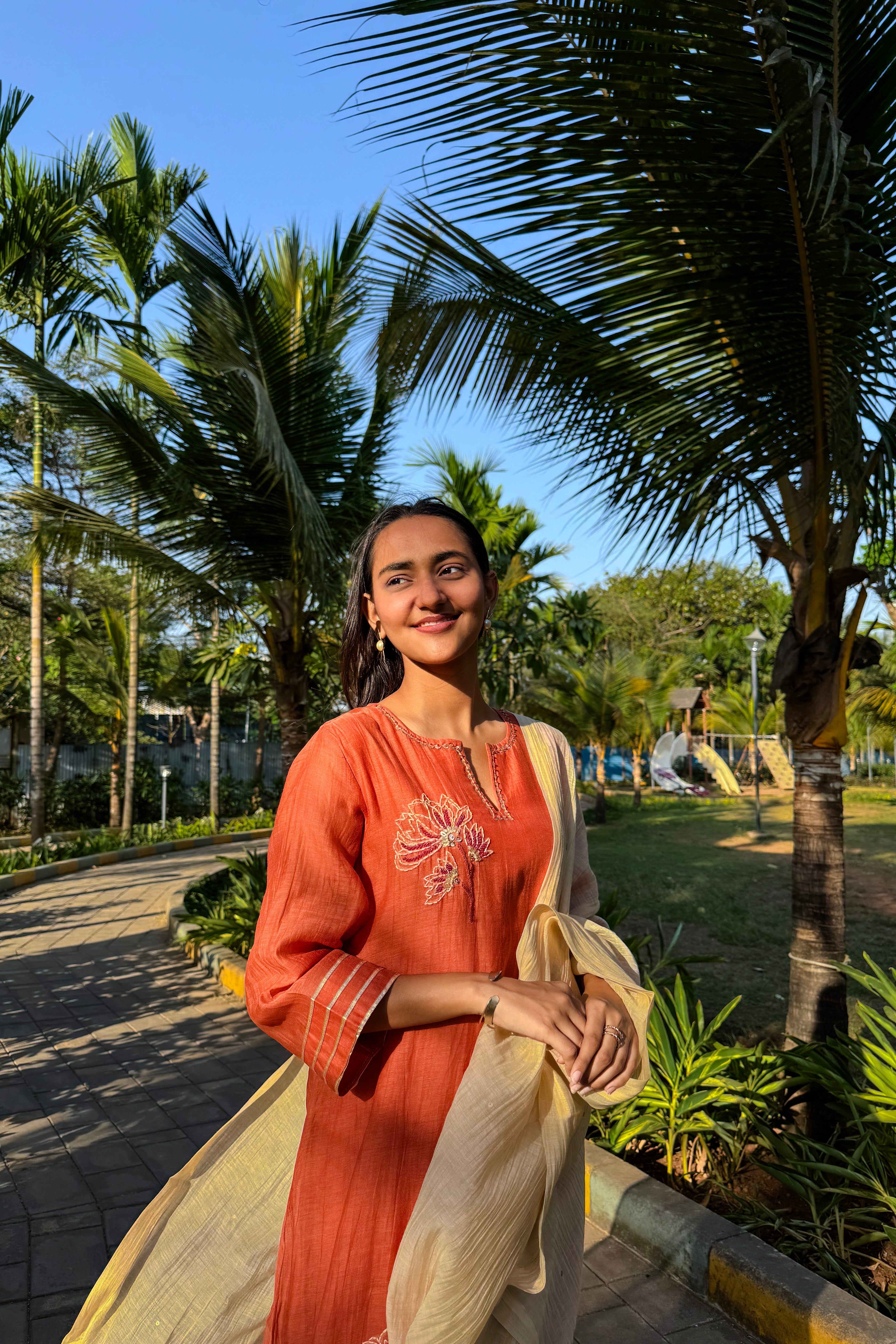 Rust Orange Embroidered A-Line Mul Chanderi Suit Set x Gargi Shah | HER-624