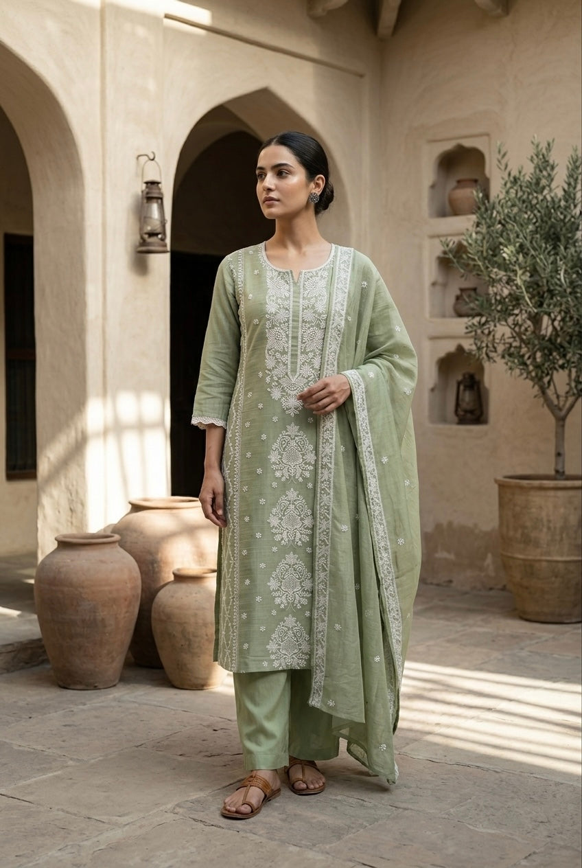 Pistachio Green Embroidered Mul-Chanderi Suit Set