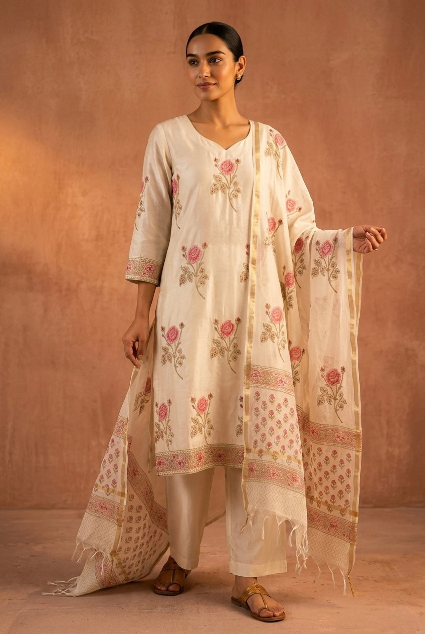 Ivory White Rose Printed Chanderi Suit Set | HER-759