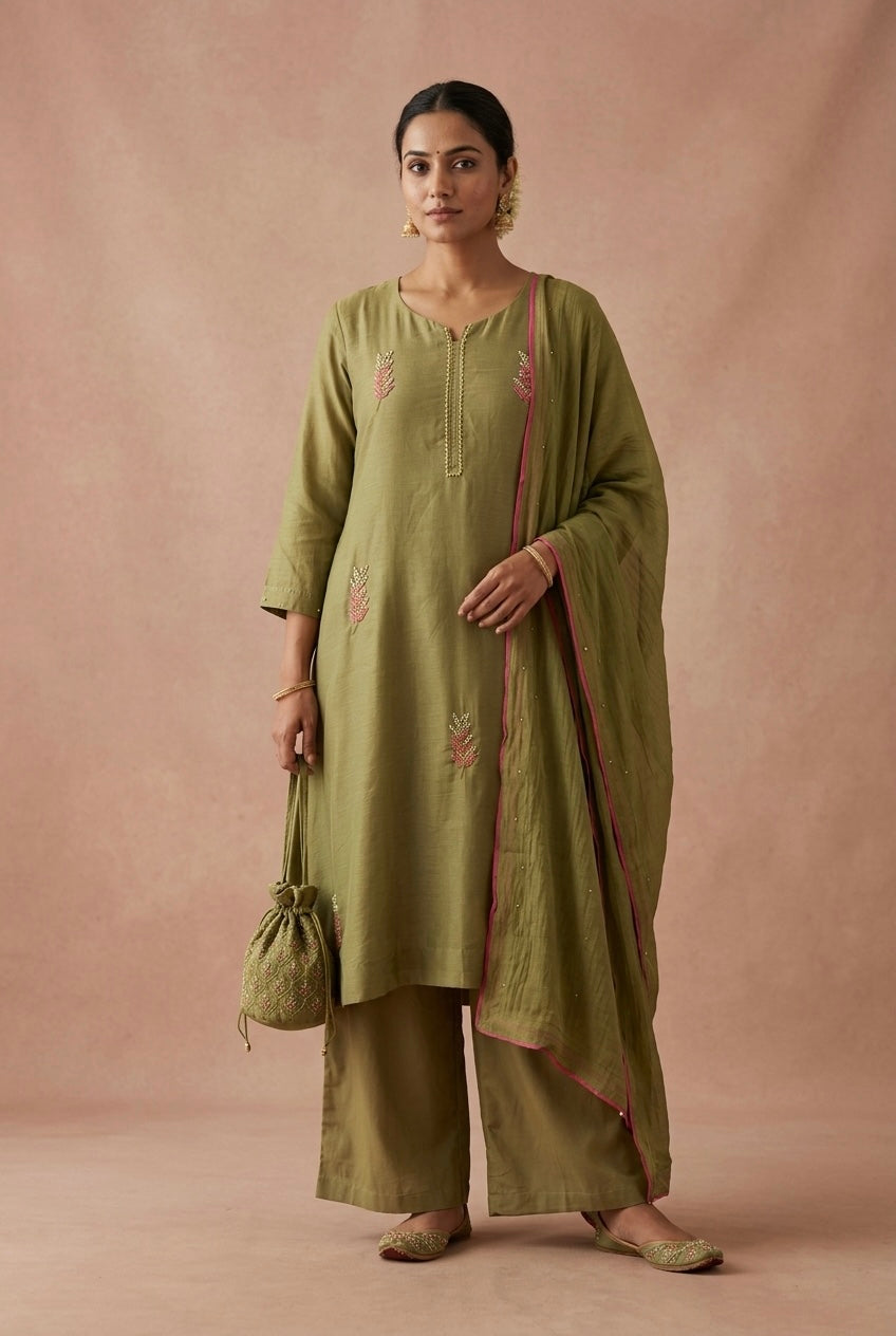 Olive Green Embellished Mul Chanderi A-Line Suit Set