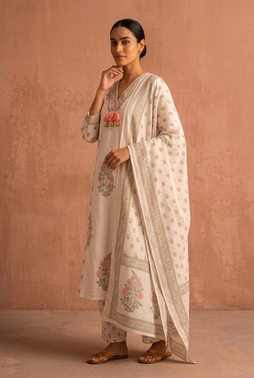 Ivory Floral Hand Block A-Line Cotton Suit Set | HER-716