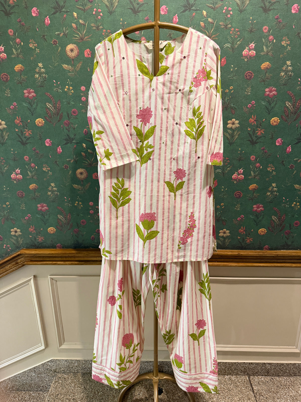 Pink Stripe Floral Kurta Set