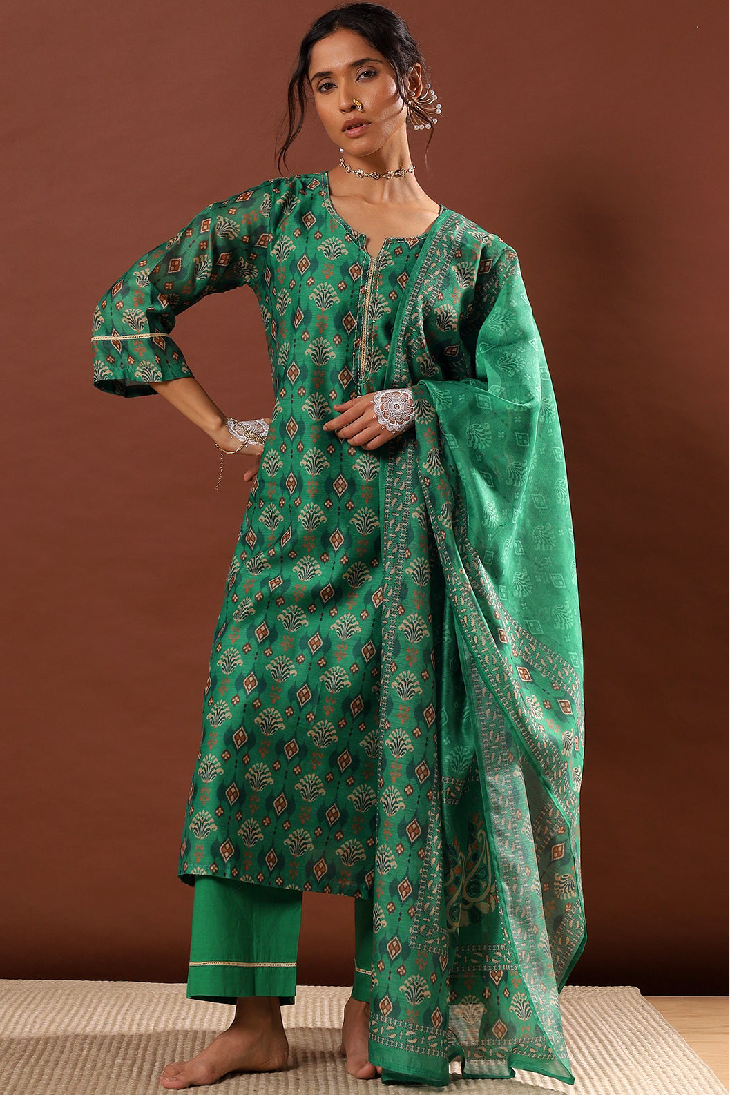 Emerald Green Chanderi Suit Set | HER-507