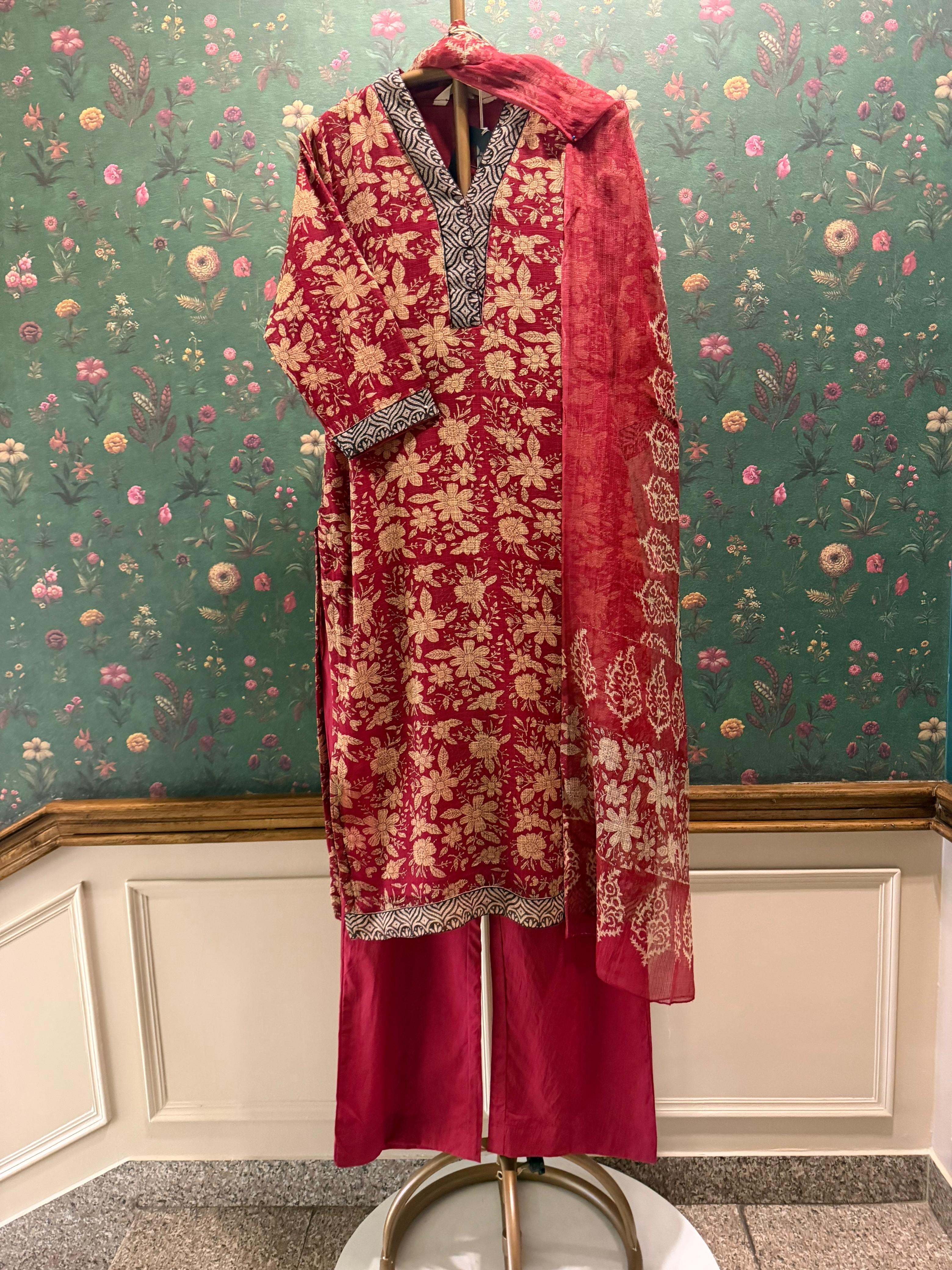 Crimson Red Floral Printed Kota Doria Suit Set, with Kota Doria Dupatta | HER-755