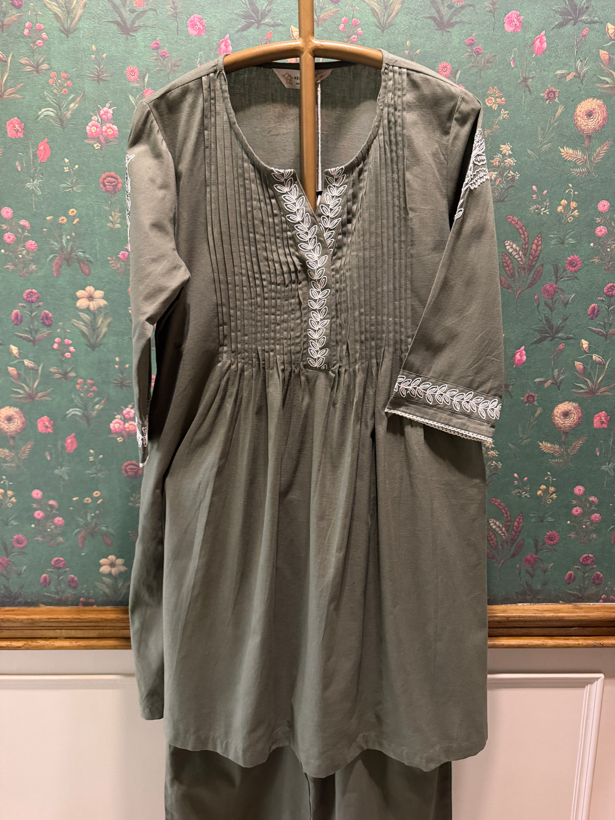 Olive Green Pleated Embroidered Kurta Set