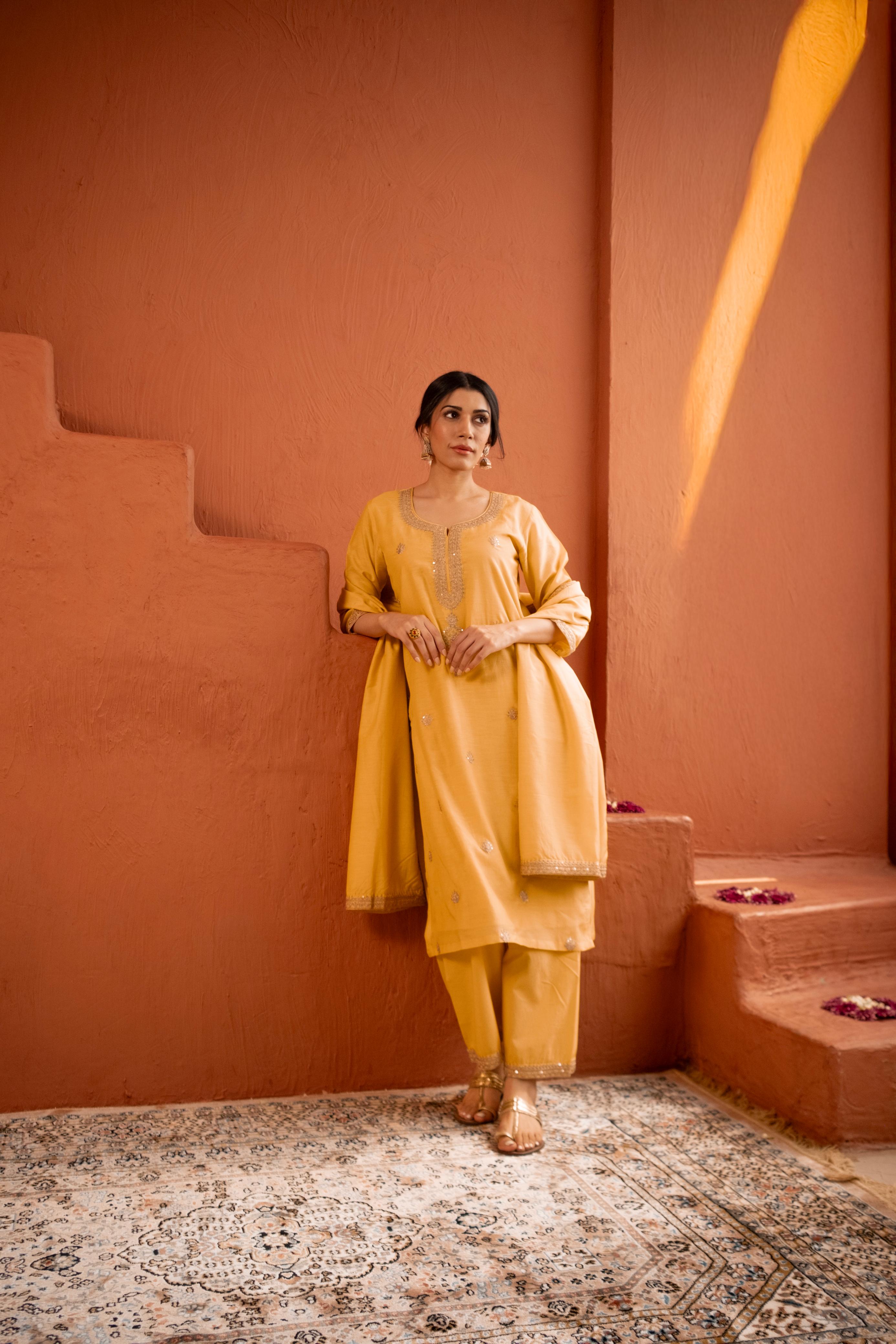 Aafreen Yellow Mul Chanderi Embroidered Suit Set | HER-543