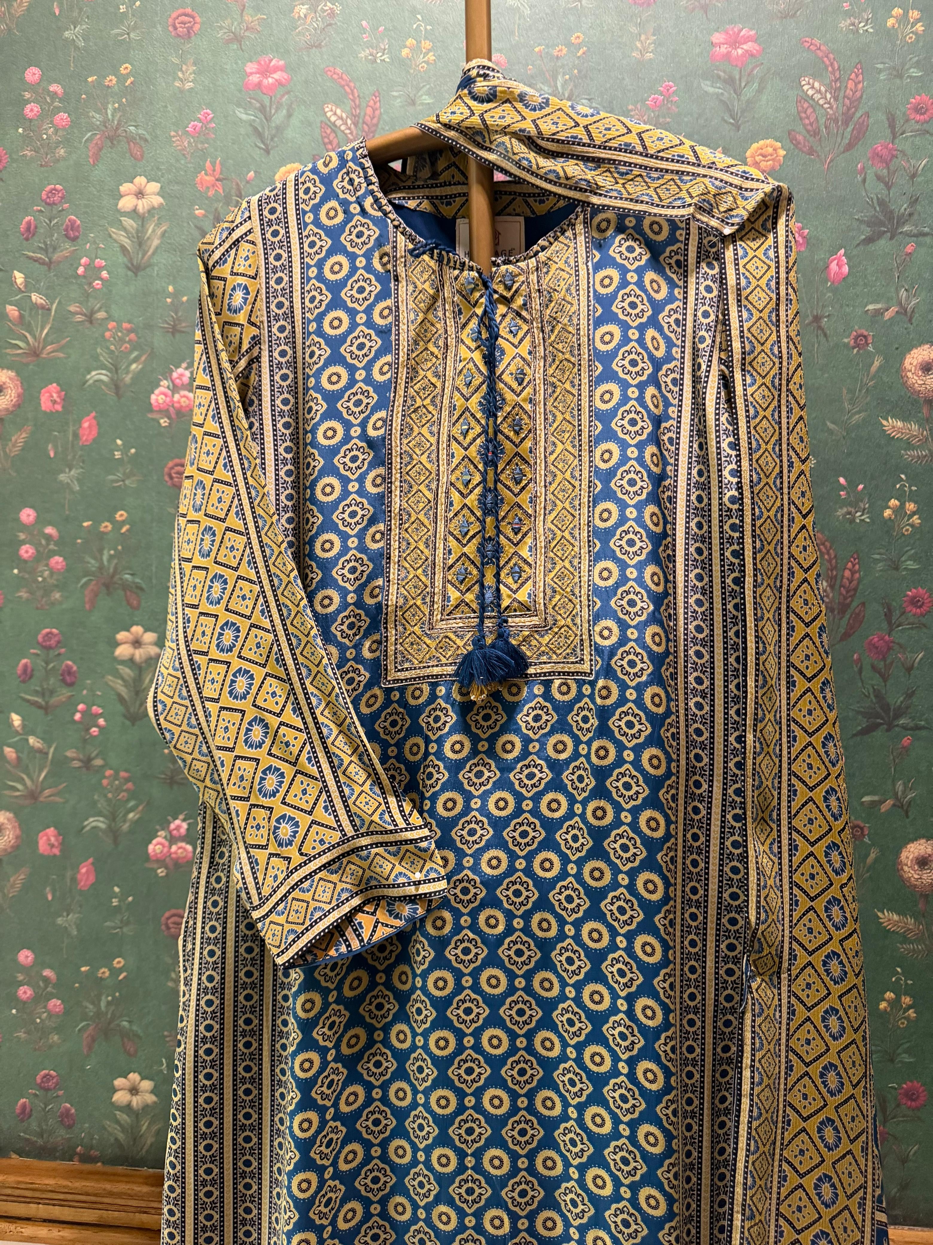 Blue Ajrakh Pure Crepe Suit Set | HER-634