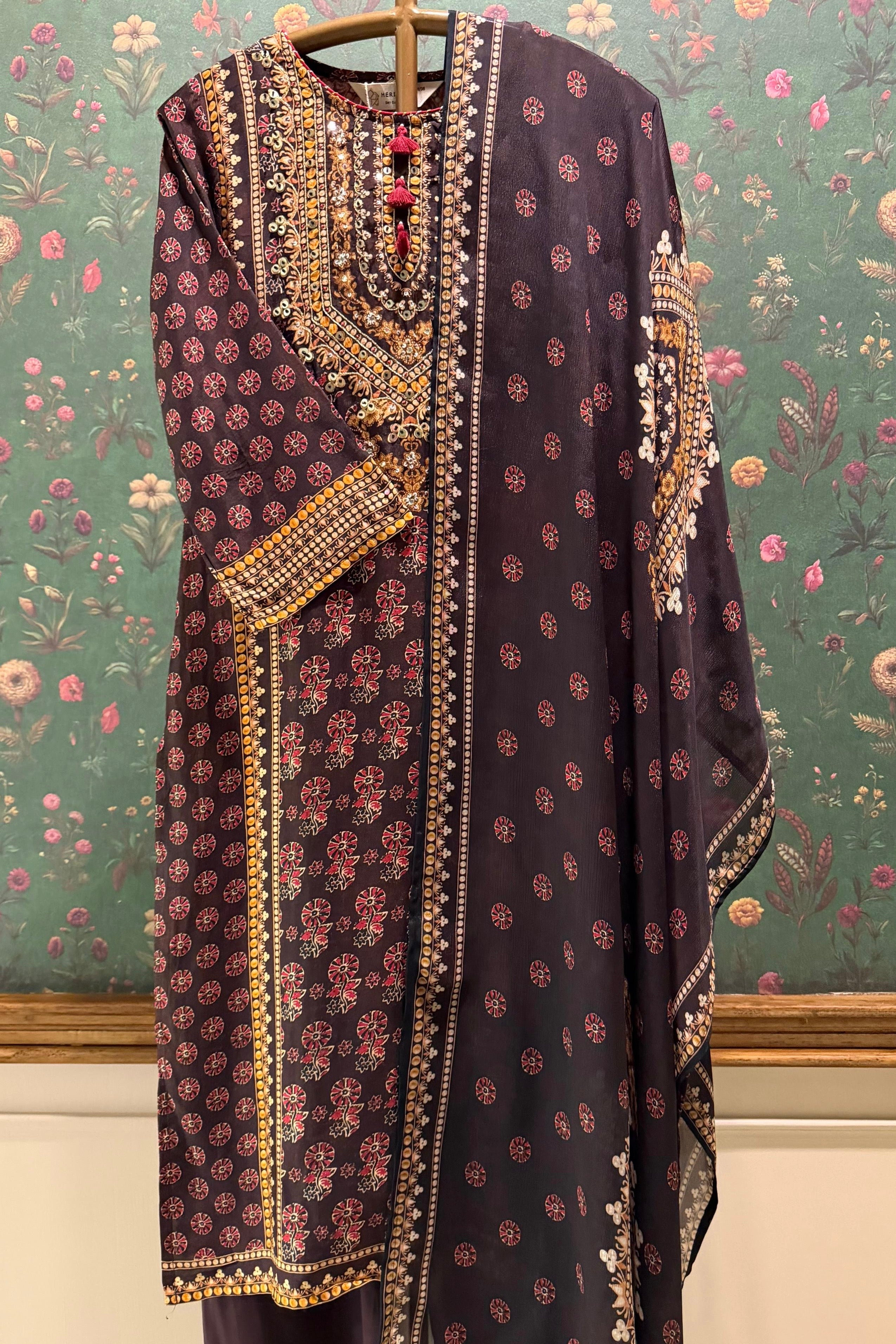 Dark Brown Mughal Motif Embellished Suit Set | HER-615