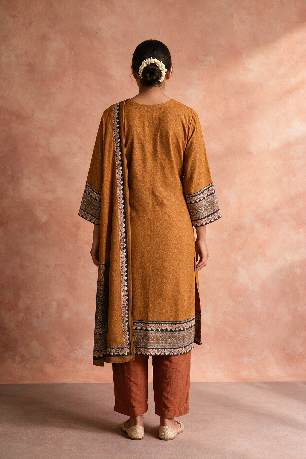 Mustard Brown Printed Muslin Suit Set