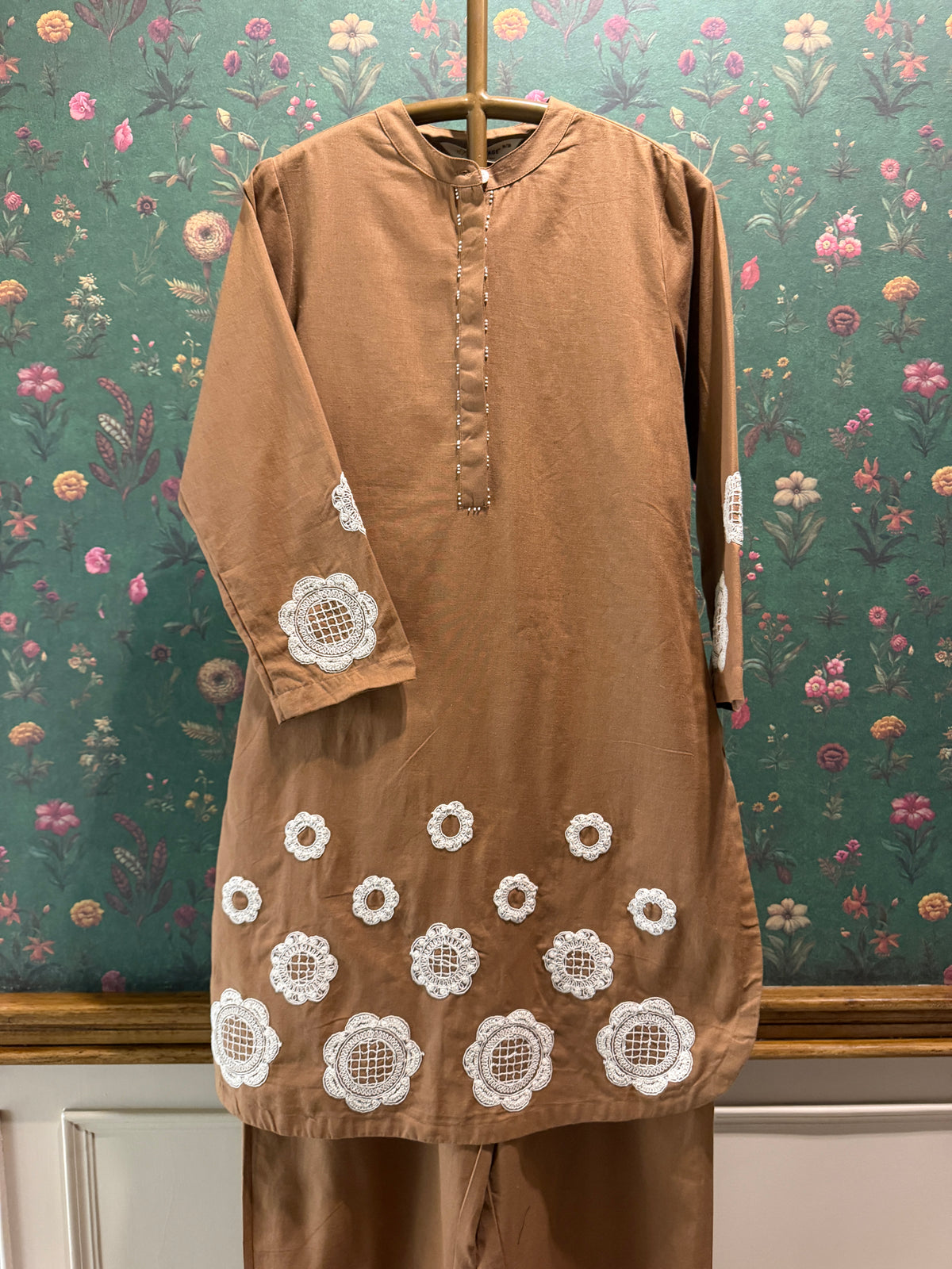 Warm Camel Brown Appliqué Khadi Cotton Kurta/Co-ord Set
