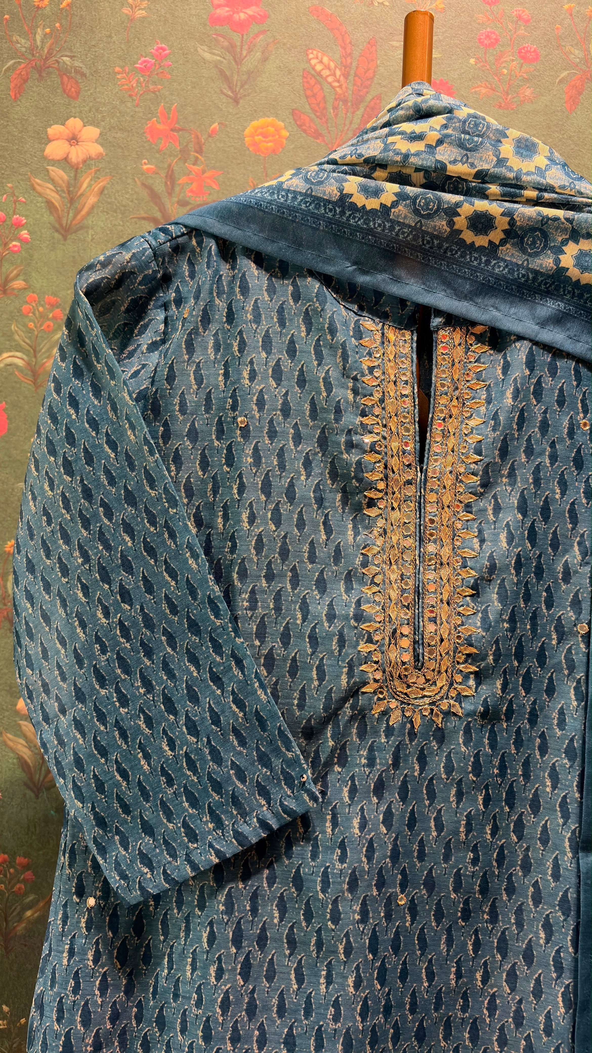 Teal Blue Printed Chanderi Suit Set with Zari | HER-397