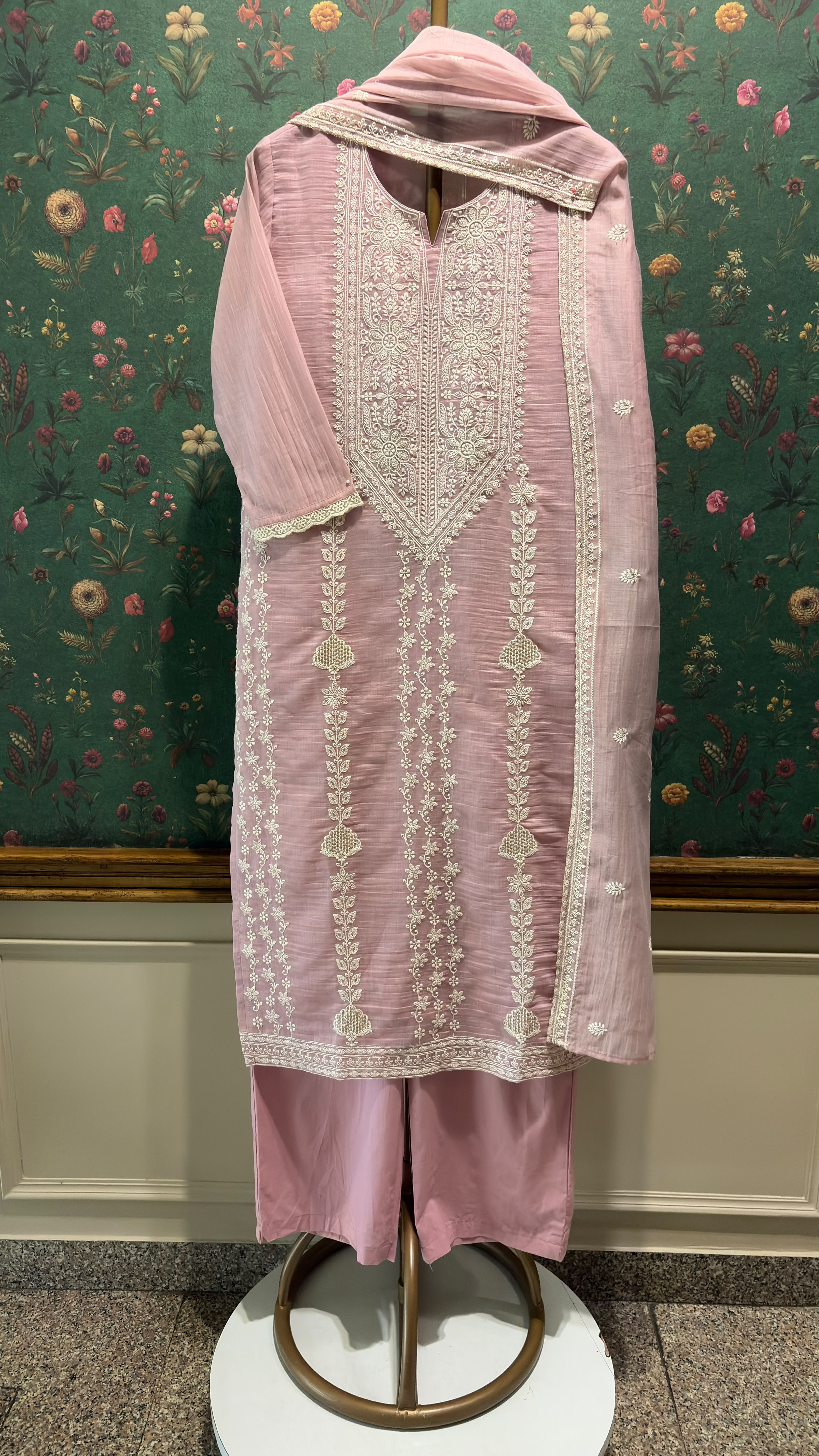 Rose Pink Embroidered Mul-Chanderi Suit Set | HER-786