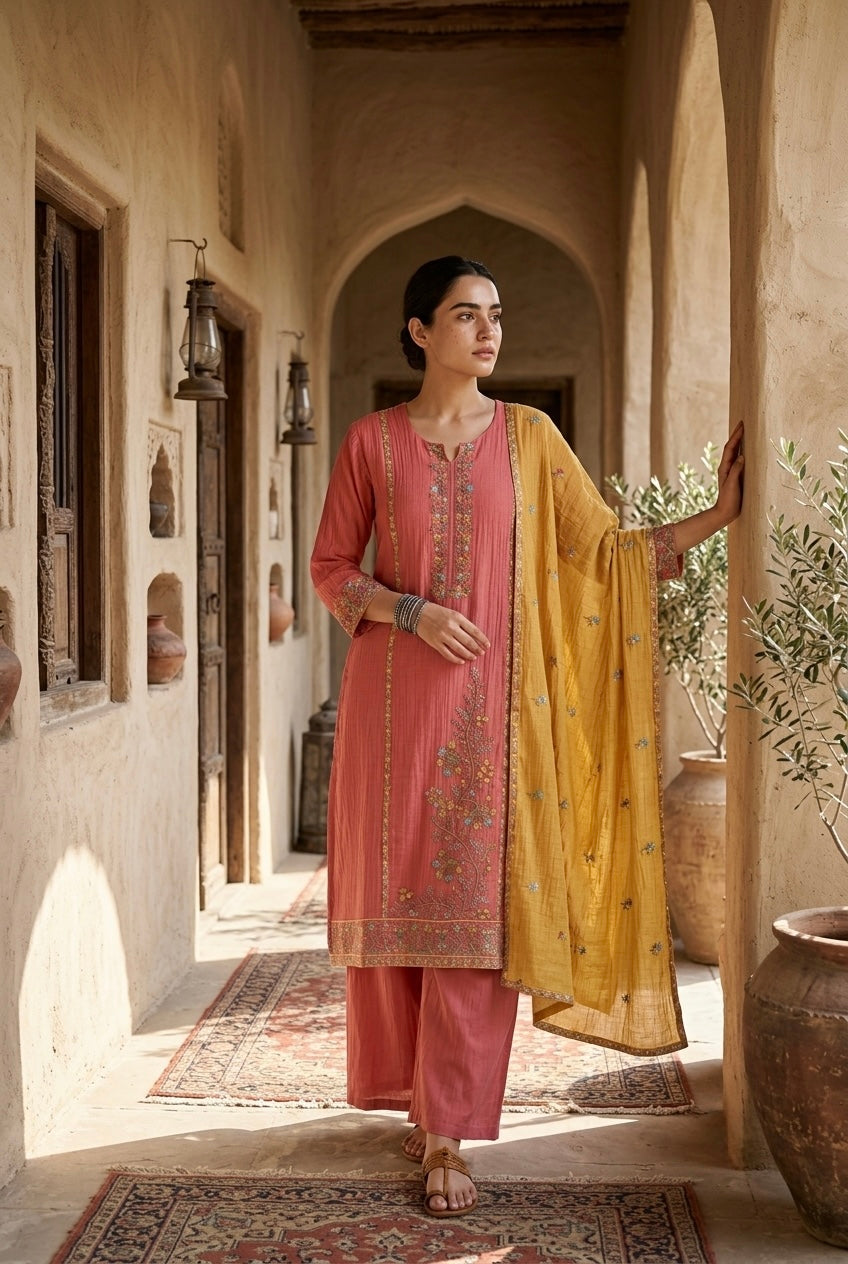 Rose Pink Mul-Chanderi Embroidered Suit Set | HER-780