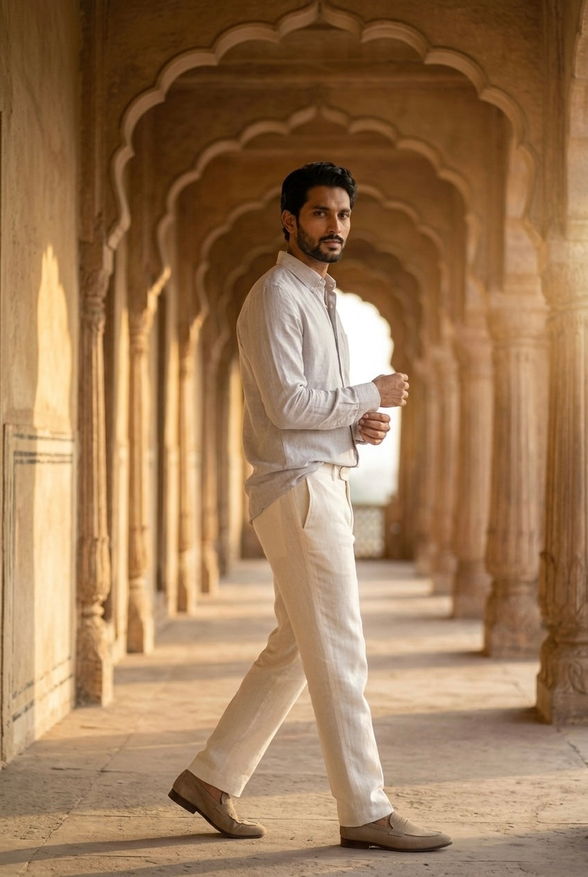 Men’s Off-White Striped Pure Linen Full Sleeves Shirt