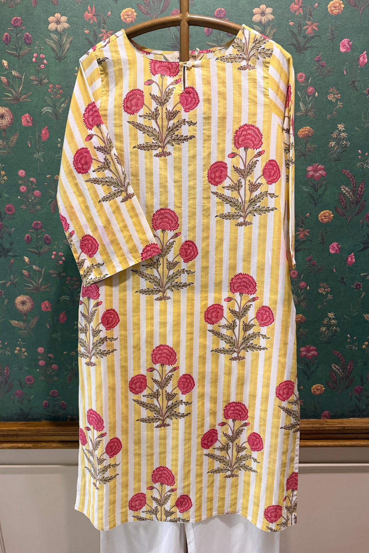 Mustard Floral Stripe Kurta Set