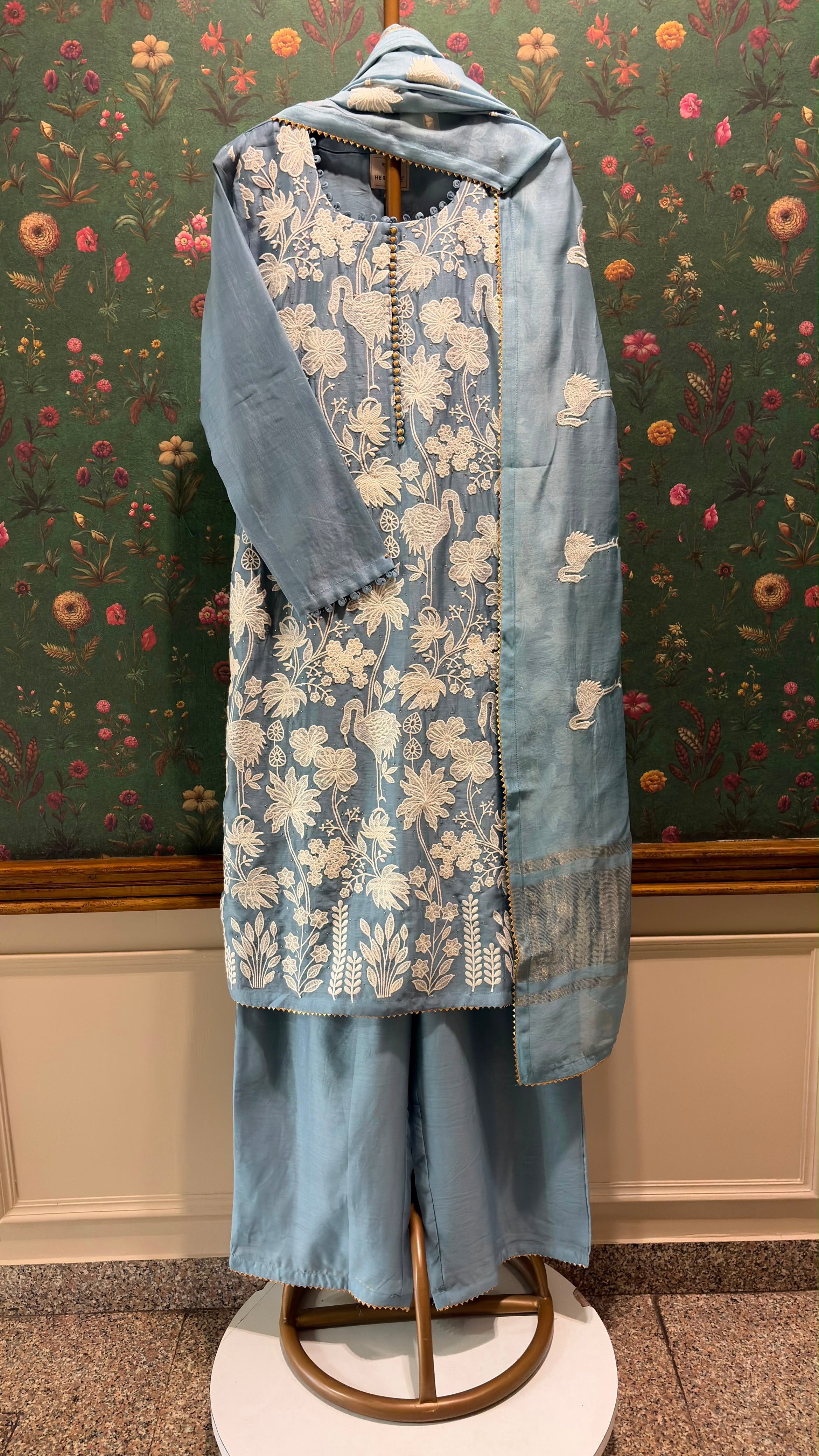 Powder Blue Floral Crane Embroidered Suit Set