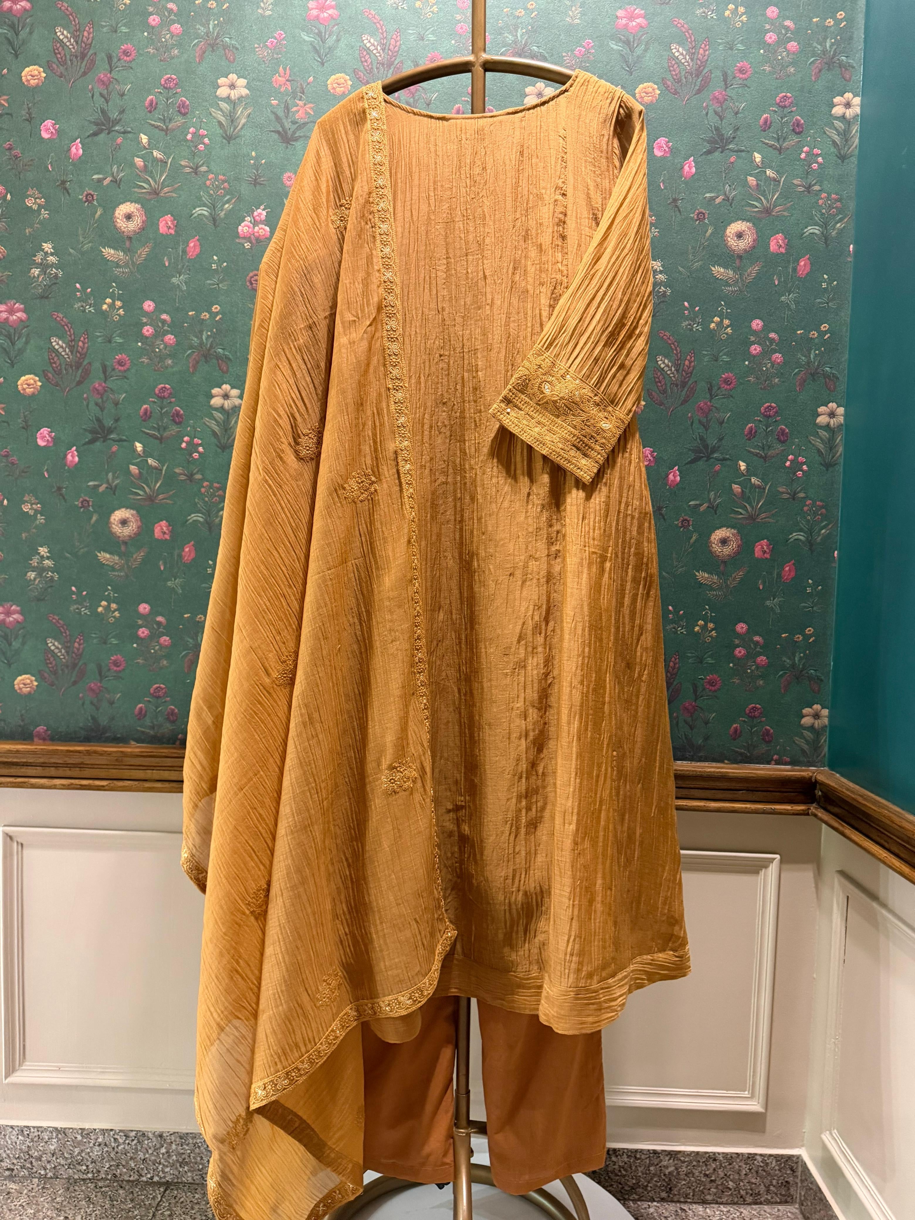 Ochre Yellow Chikankari A-Line Mul Chanderi Suit Set | HER-626