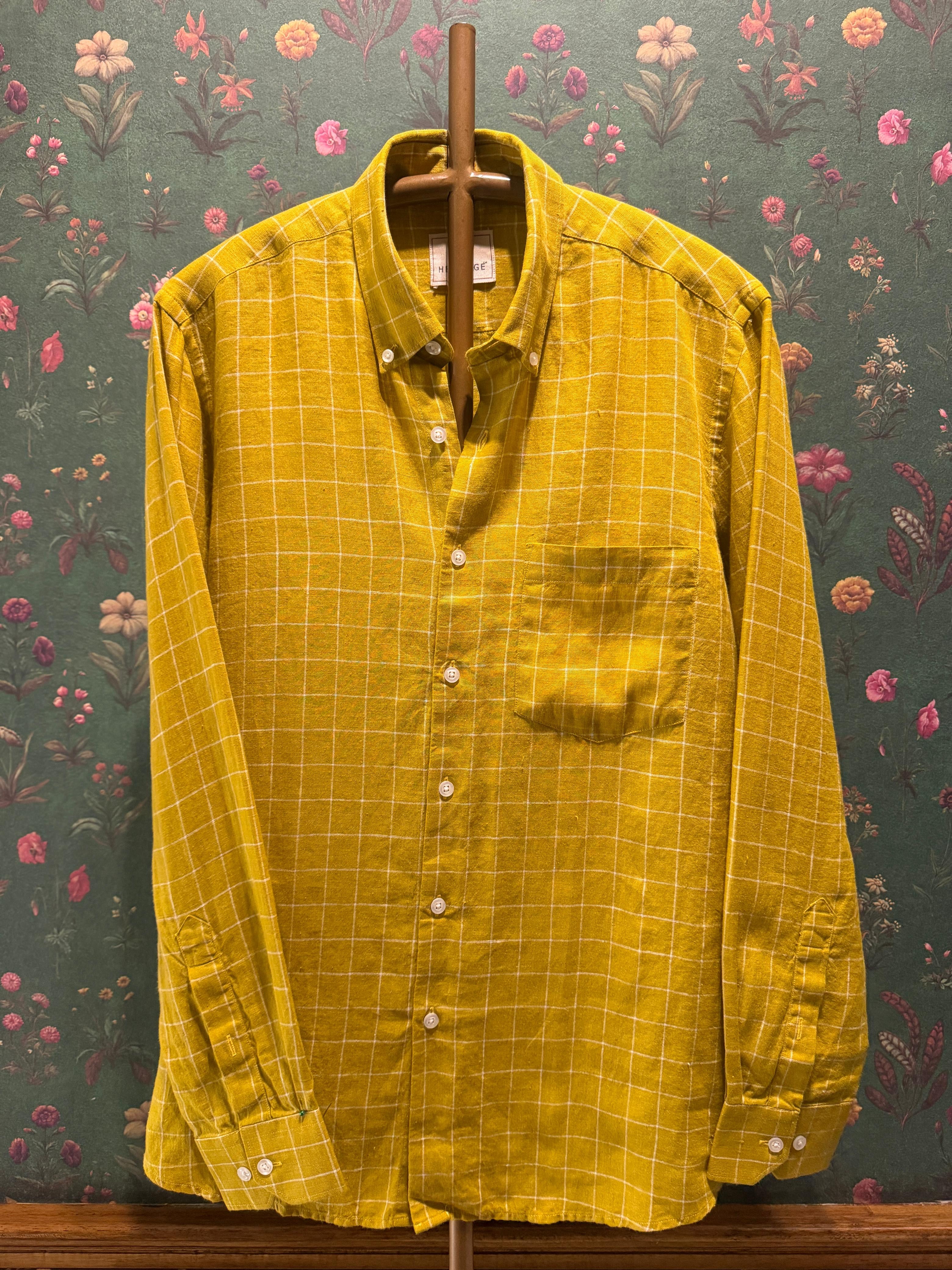 Mustard Yellow Check Men’s Pure Linen Full Sleeves Shirt