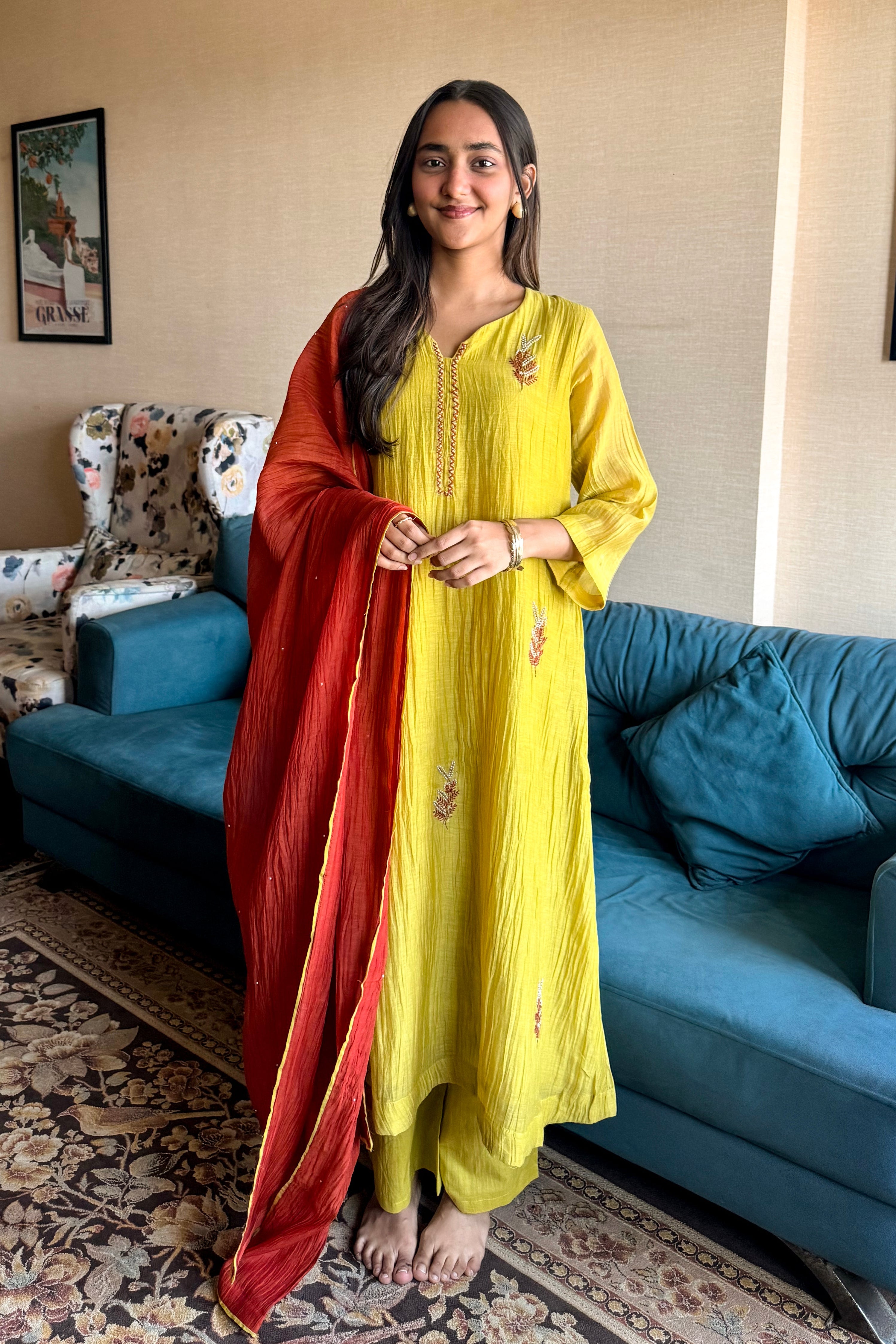 Vanyara Lime Green A-Line Mul Chanderi Suit Set | HER-625