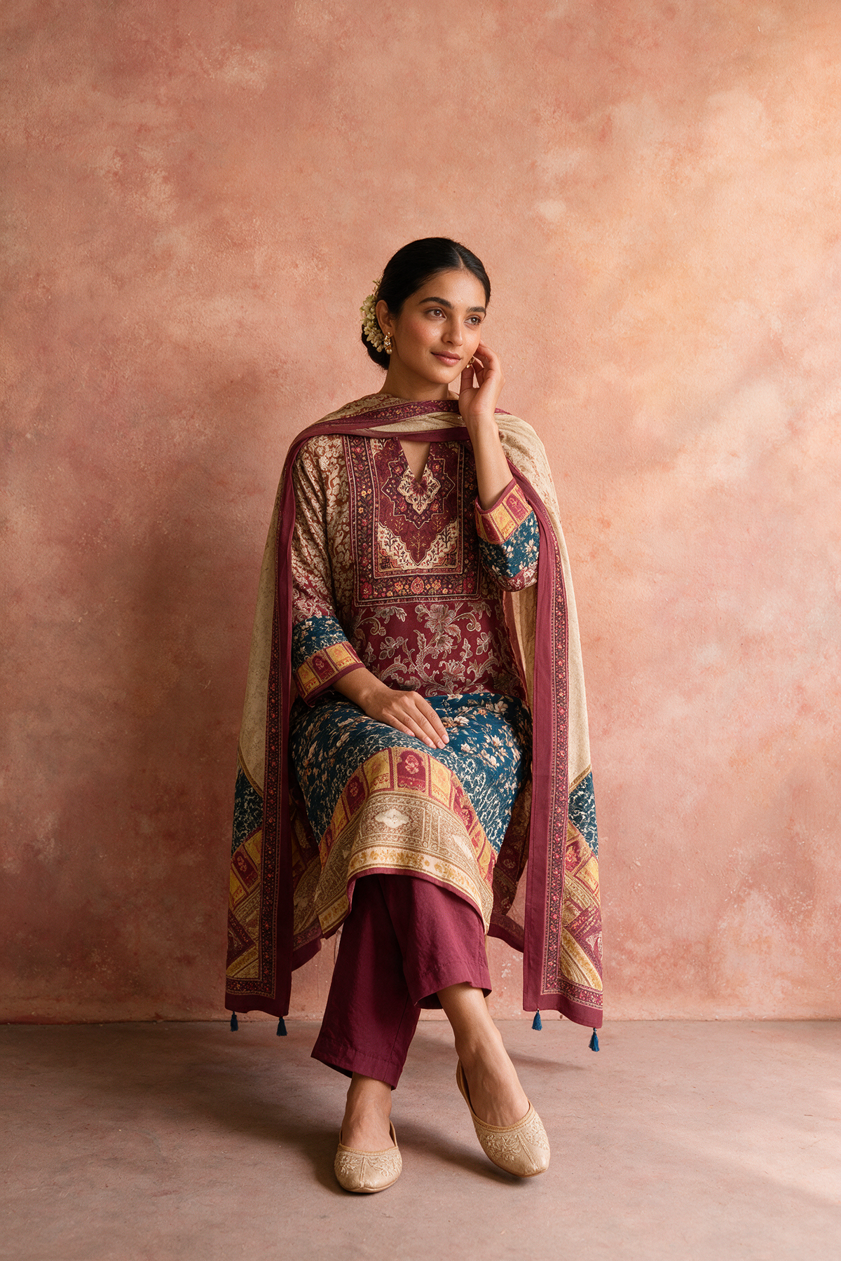 Maroon Printed Soft Silk Suit Set