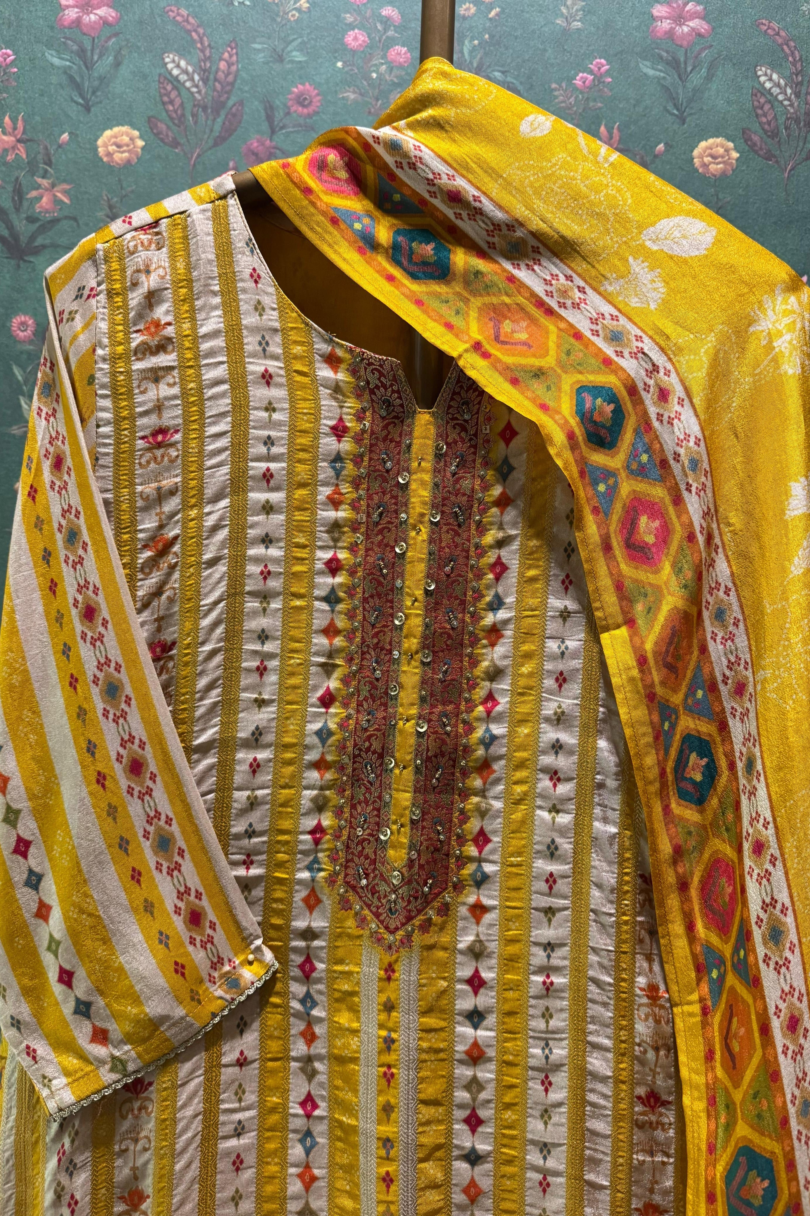 Rangriti Yellow Dola Jacquard Suit Set | HER-549