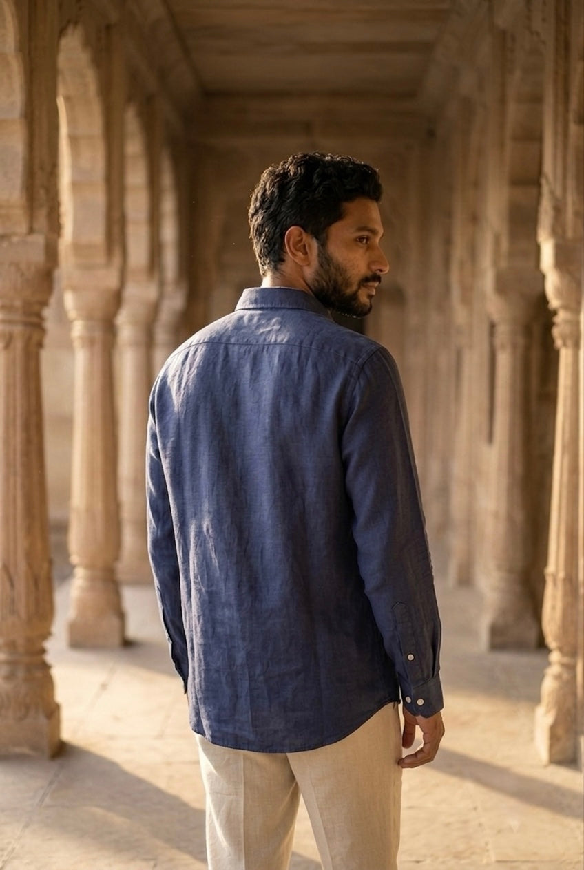 Deep Indigo Blue Men’s Pure Linen Full-Sleeves Shirt