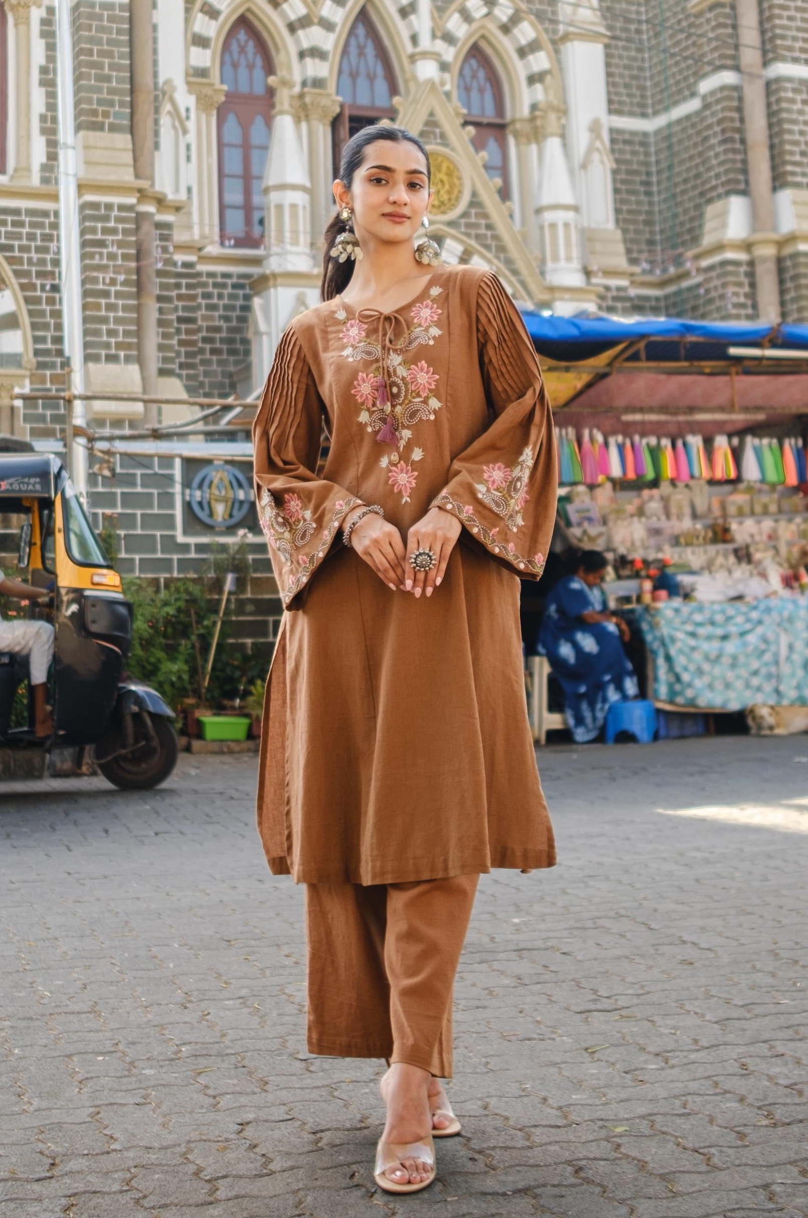 Caramel Brown Embroidered A-Line Kurta Set | HER-723