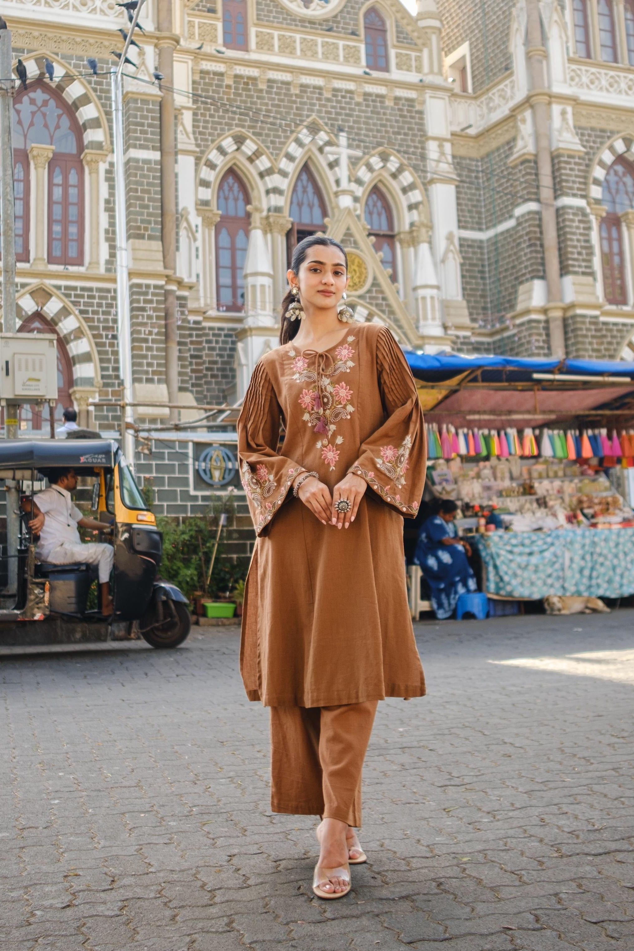 Caramel Brown Embroidered A-Line Kurta Set | HER-723