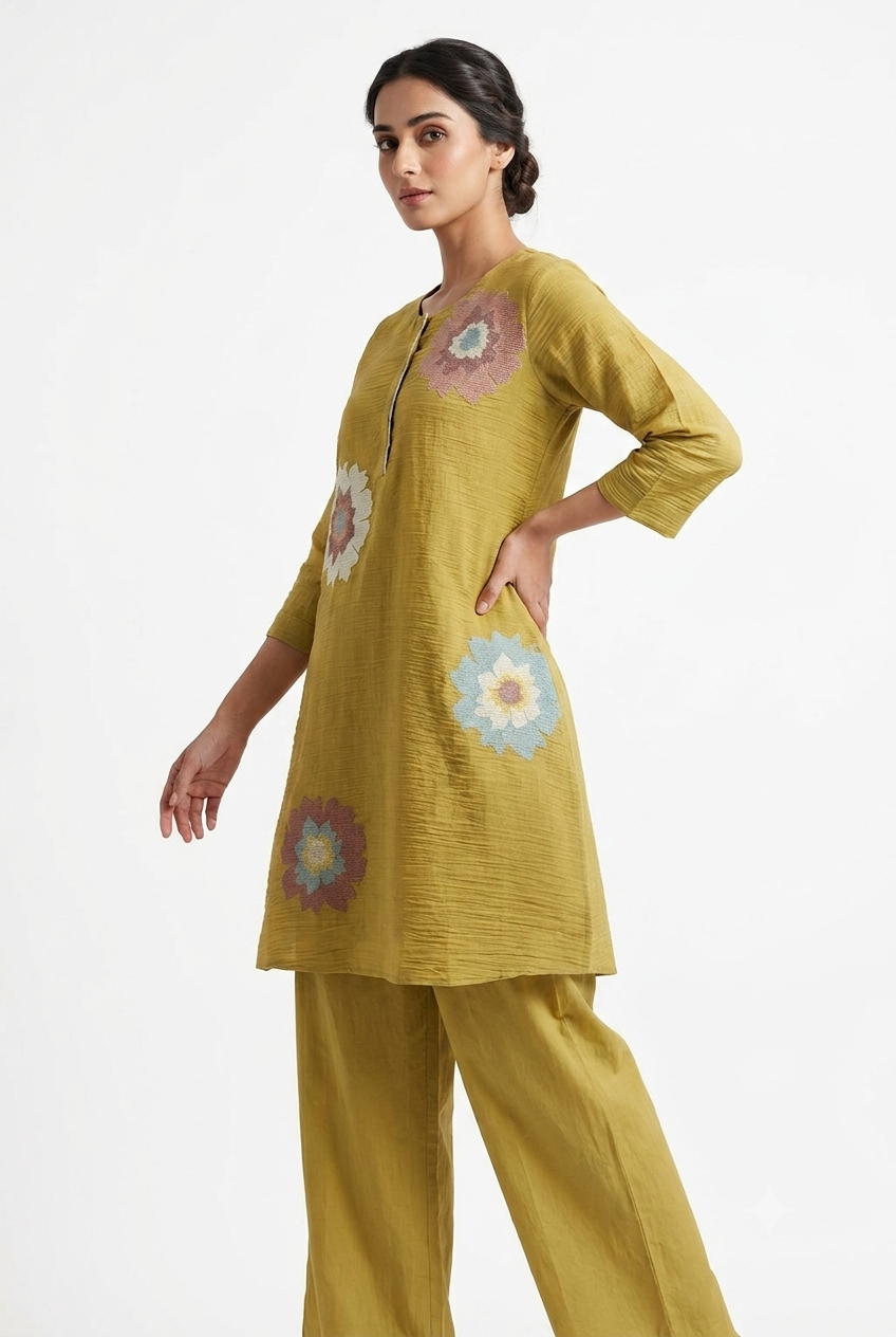 Meadow Bloom Handcrafted Co-ord Set, Lime Green | HER-623