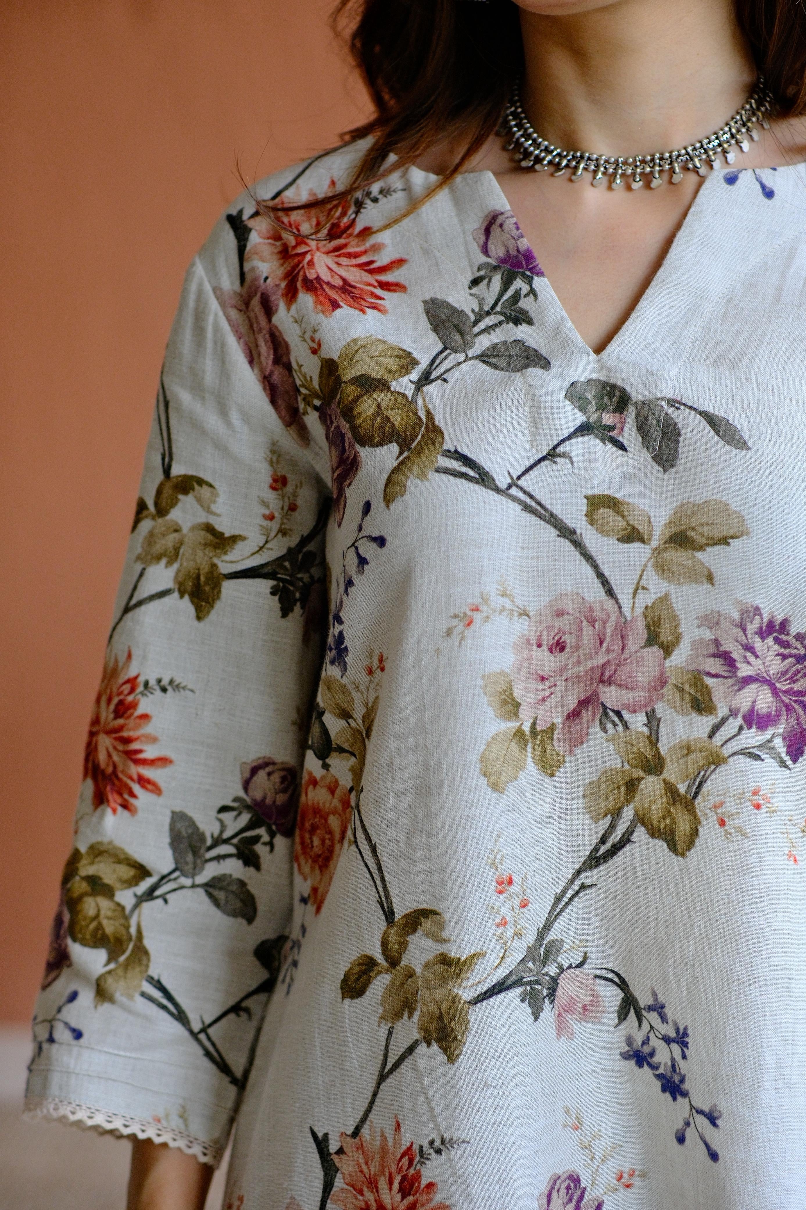 Rosalie Bloom Pure Linen Co-ord/Kurta Set | HER-465