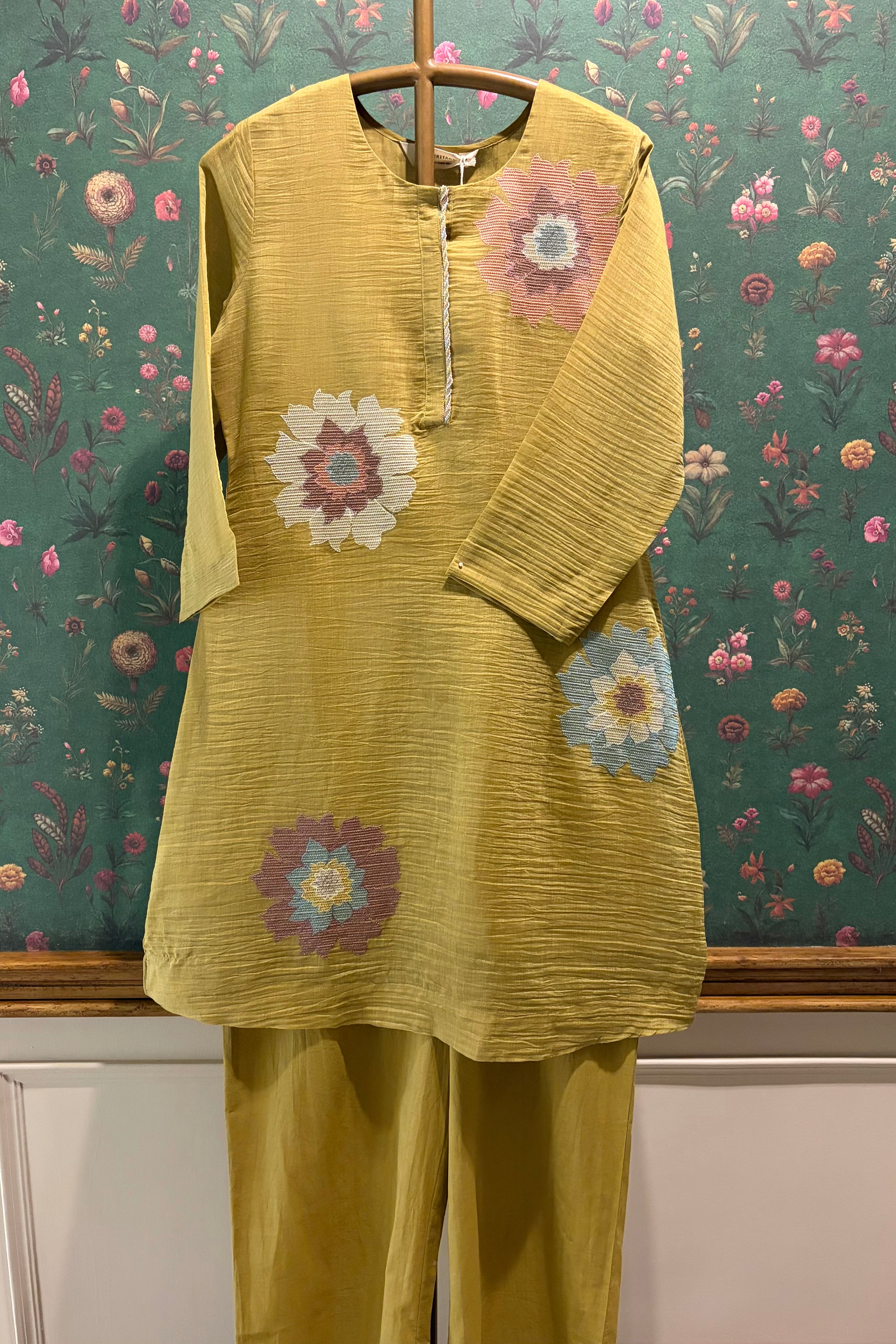 Meadow Bloom Handcrafted Co-ord Set, Lime Green | HER-623