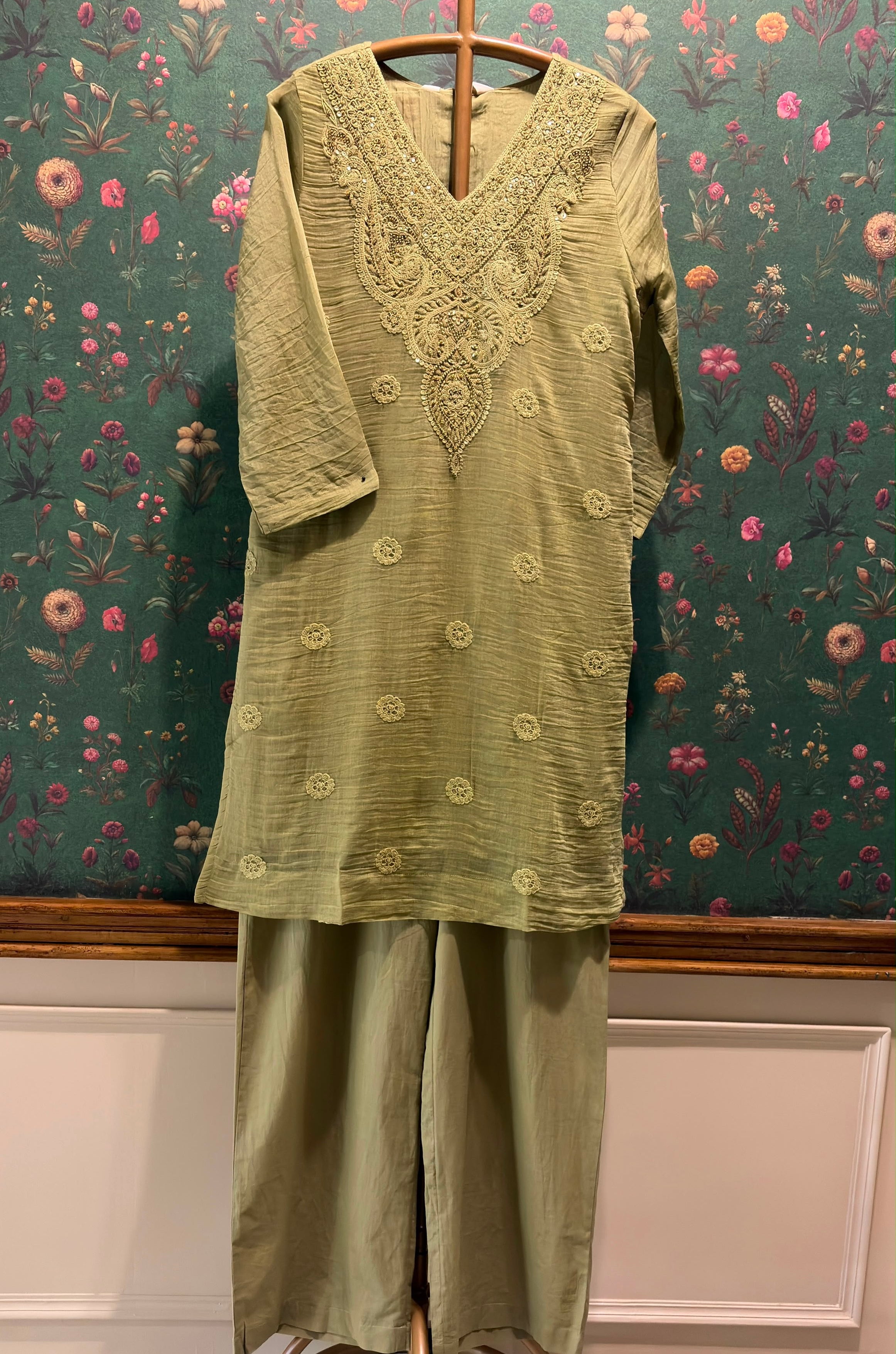 Sage Green Mul-Chanderi Kurta Set