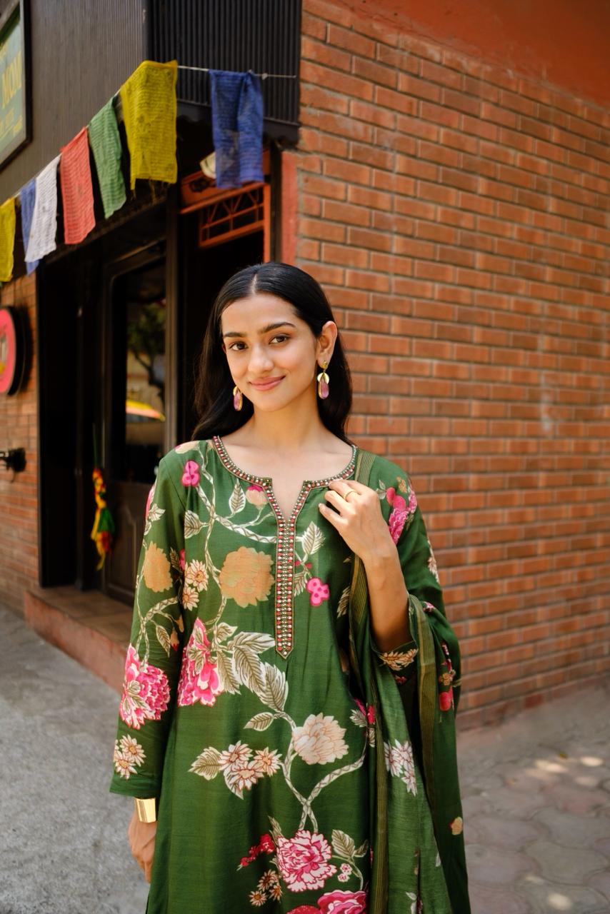 Emerald Green Floral Chanderi Suit Set | HER-605