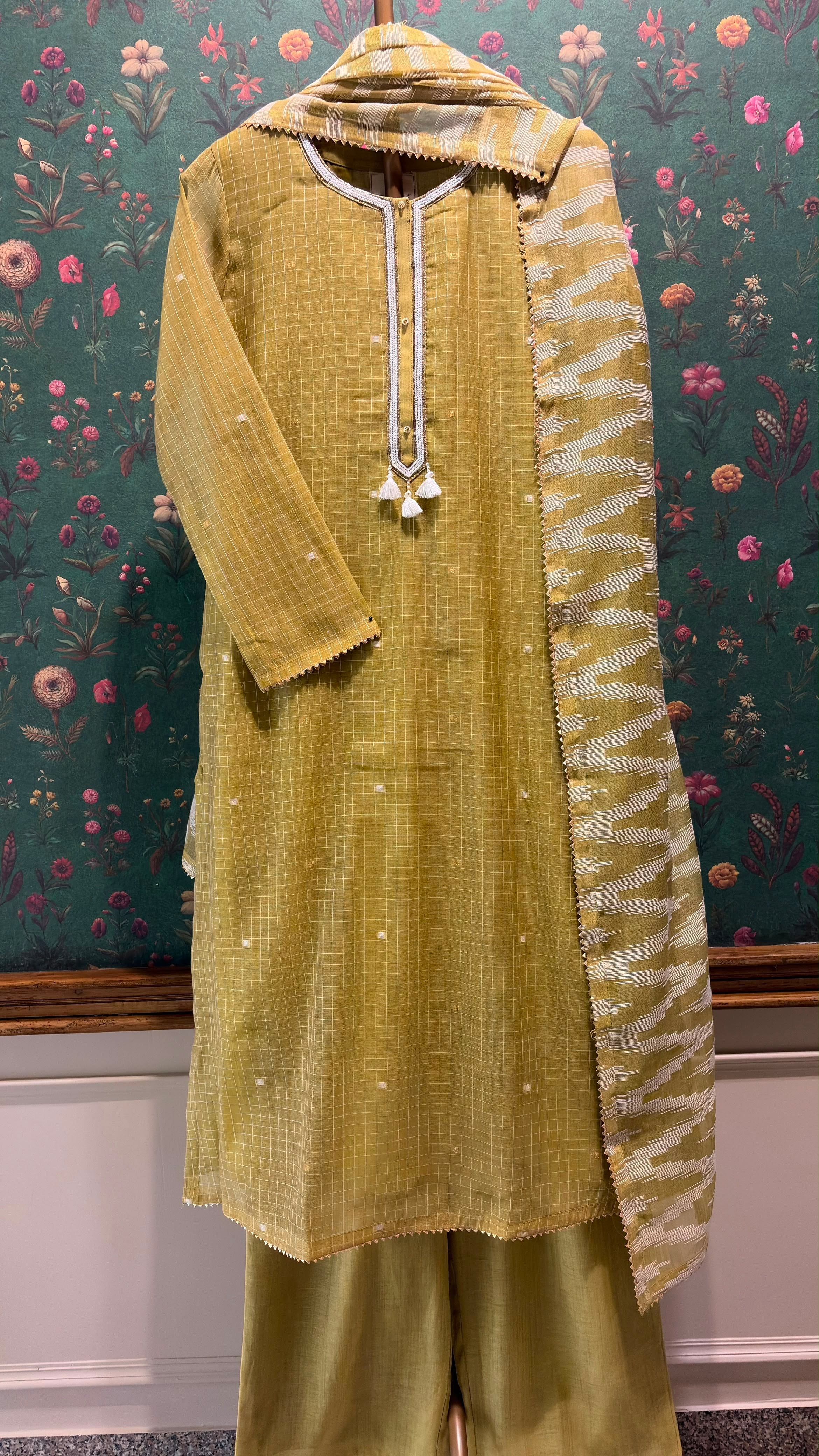 Olive Mustard Handwoven Check Pure Chanderi Suit Set