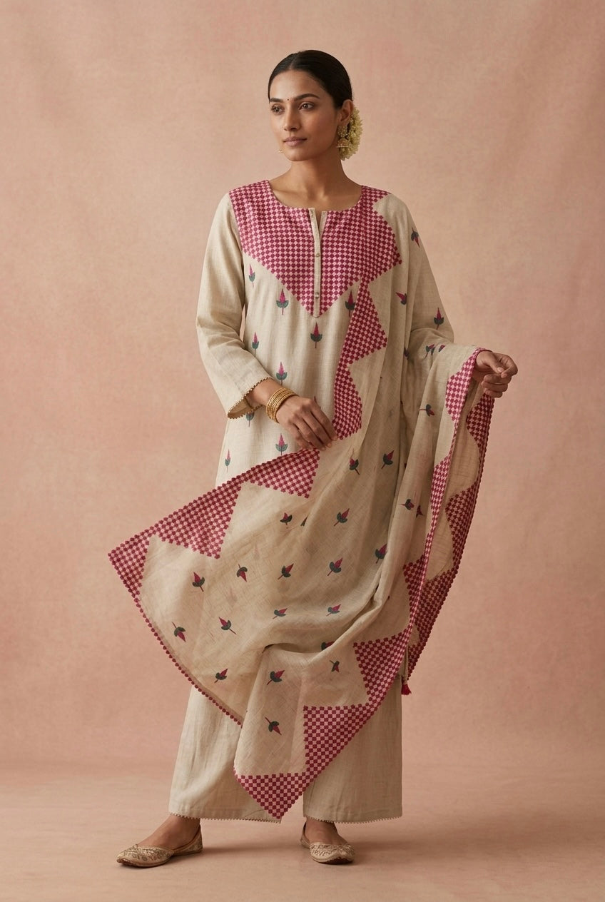Ivory Beige and Pink Embroidered Pure Chanderi Suit Set