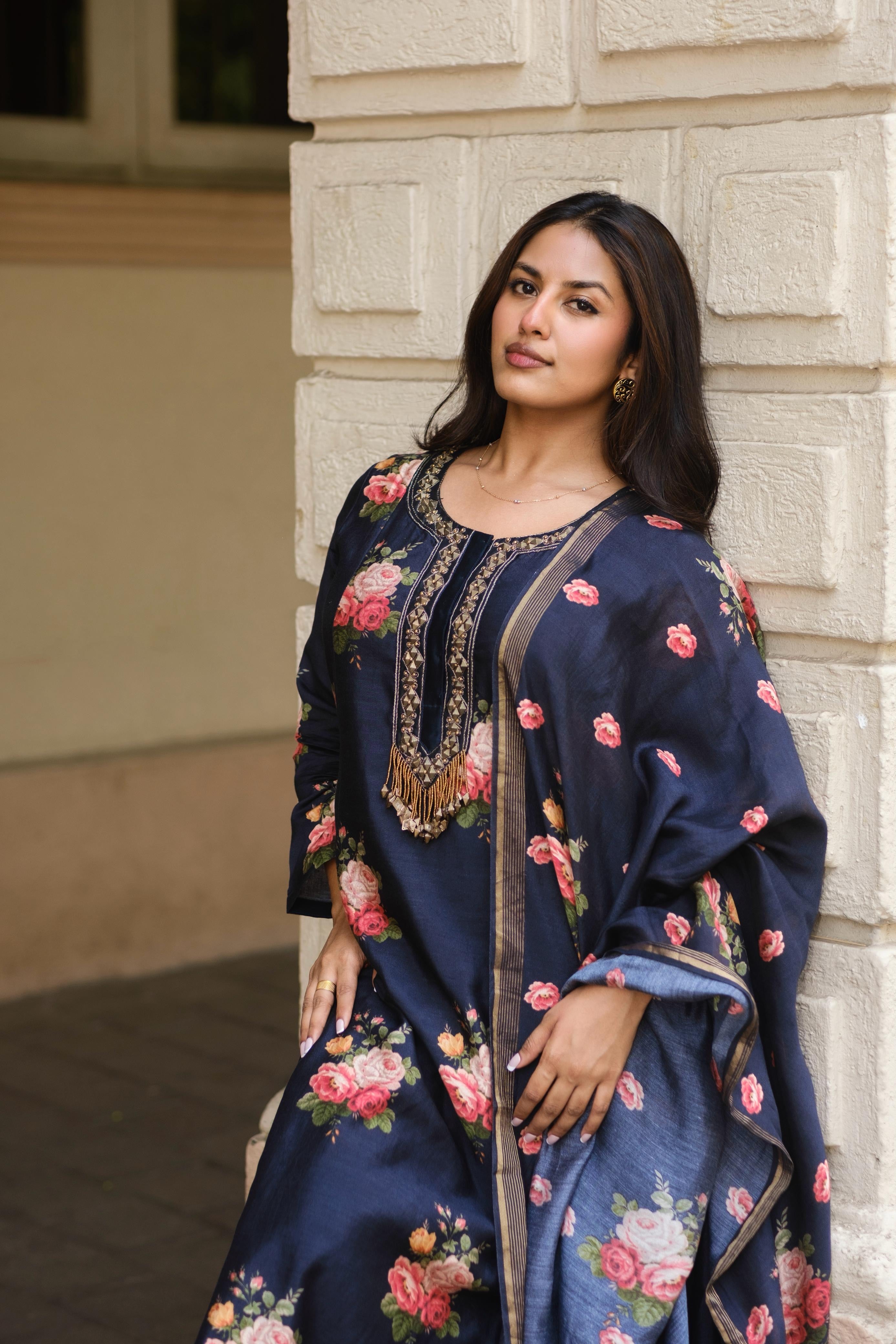 Twilight Black Floral Chanderi A-Line Suit Set | HER-607