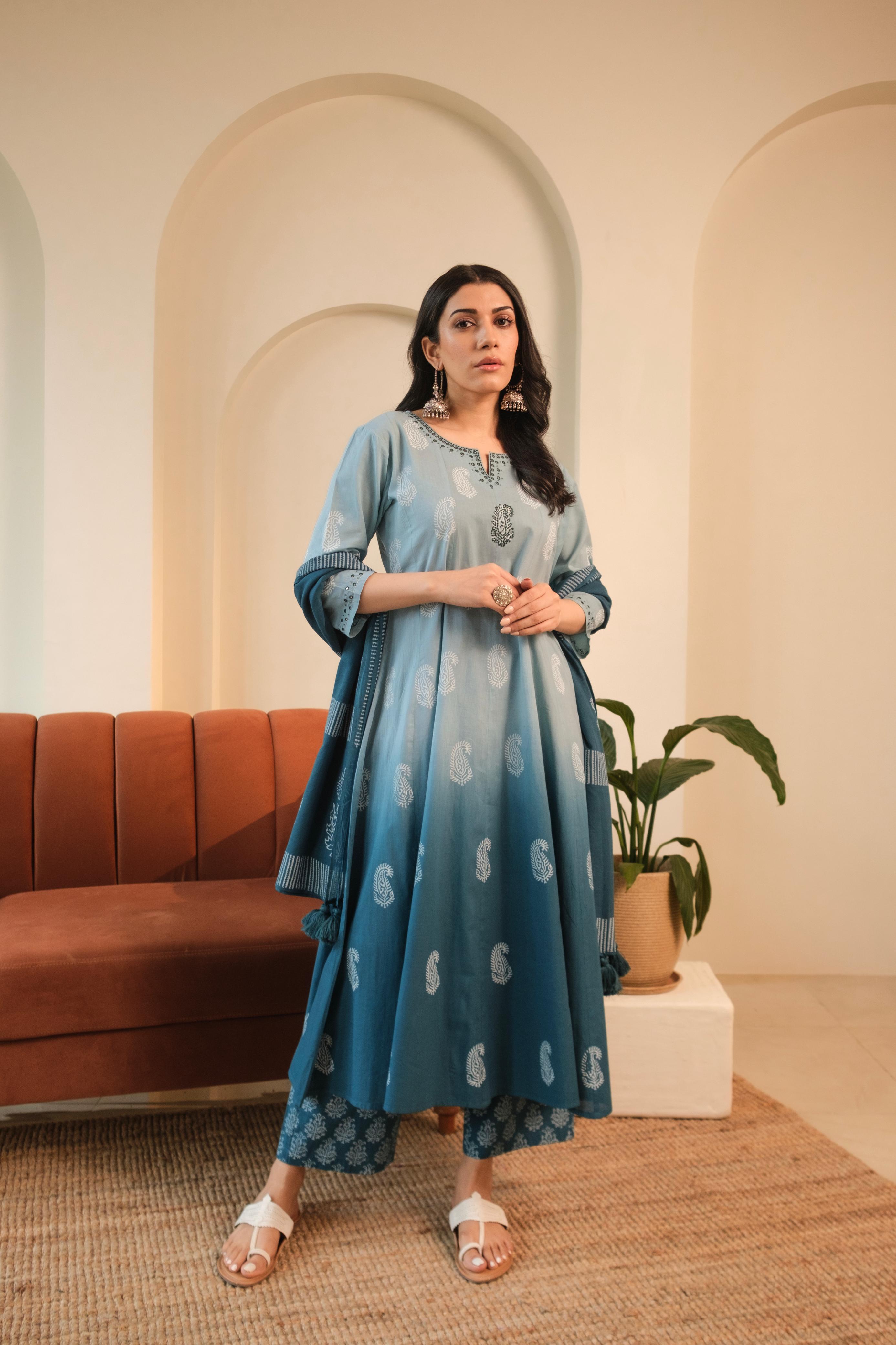 Ombré Blue A-Line Suit Set, with Palazzo Pants | HER-545