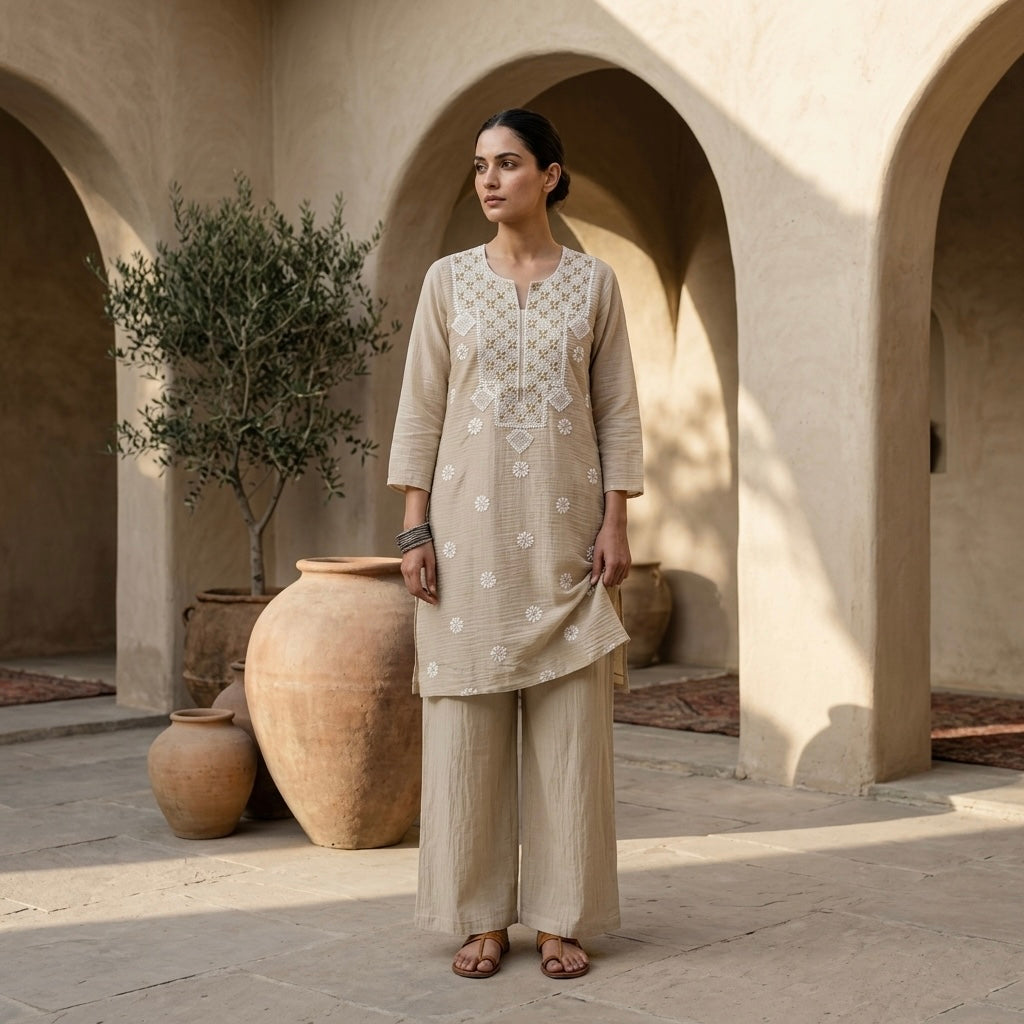 Sand Beige Mul-Chanderi Kurta/Co-ord Set