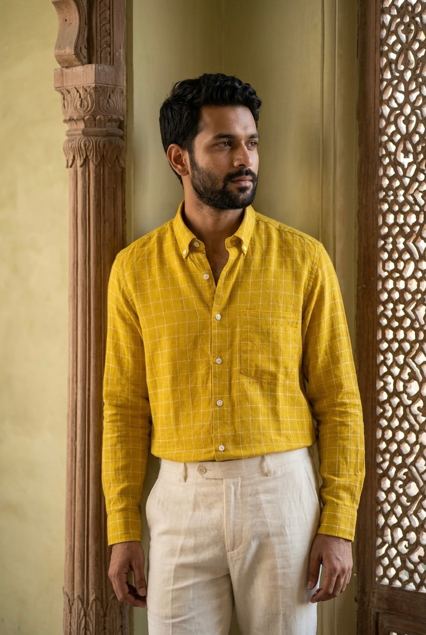Mustard Yellow Check Men’s Pure Linen Full Sleeves Shirt