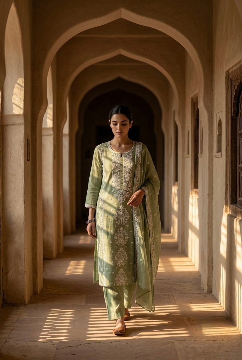 Pistachio Green Embroidered Mul-Chanderi Suit Set