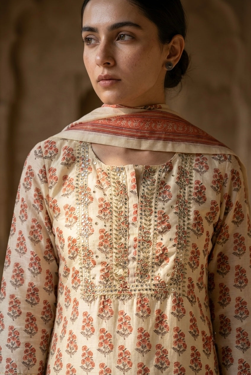 Gulmohar Ivory Chanderi Suit Set | HER-213